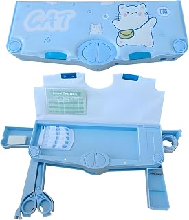WallR Blue Cat Pencil case for Kids, 5 Side Open Magnetic Stationery Storage Box with Sharpener, Pencil Holder Geometry Bo... Price In India