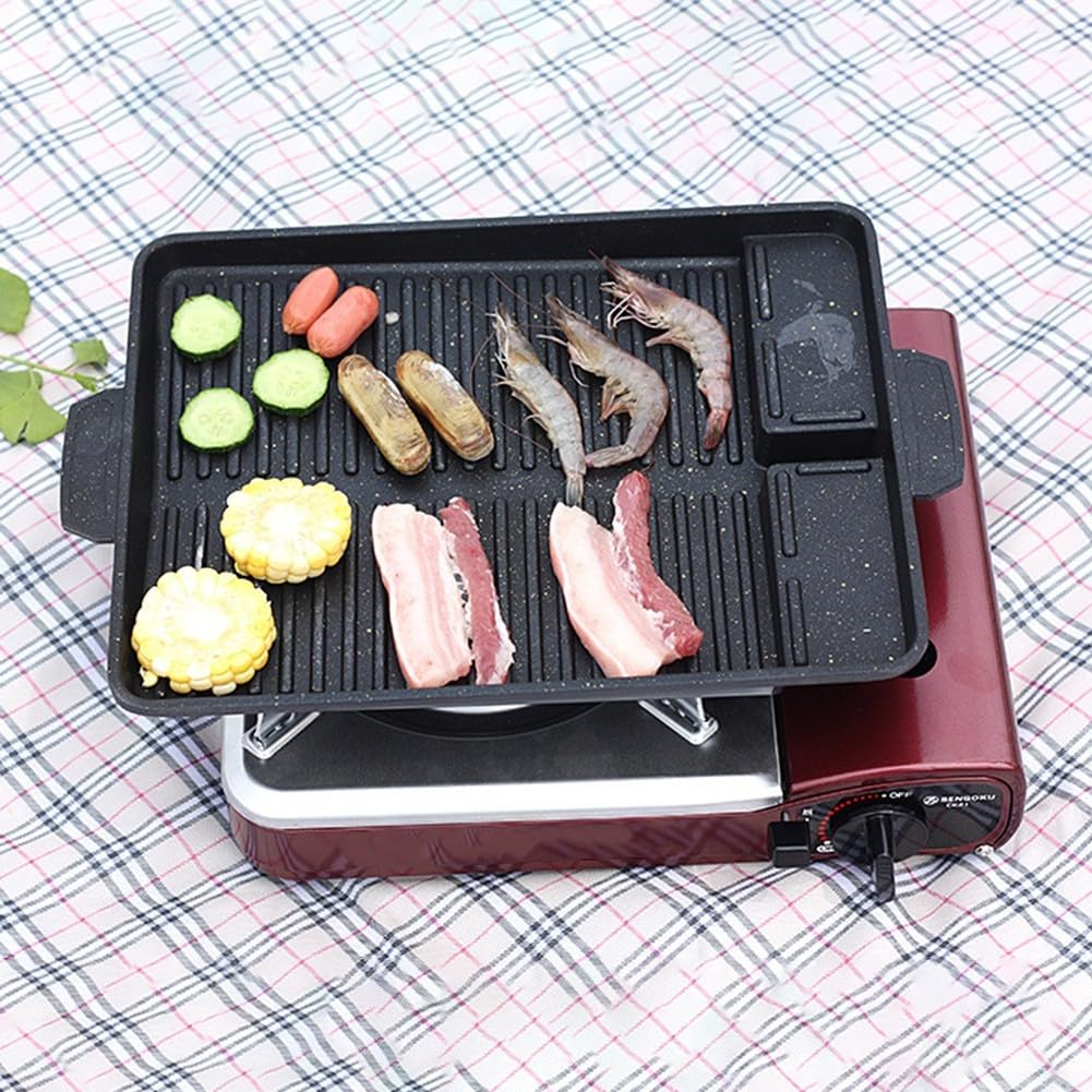 Piastra per barbecue reversibile, portatile, antiaderente, in alluminio, per forno a induzione a gas, campeggio, cucina all'aperto, 32,5 x 26 cm, nero