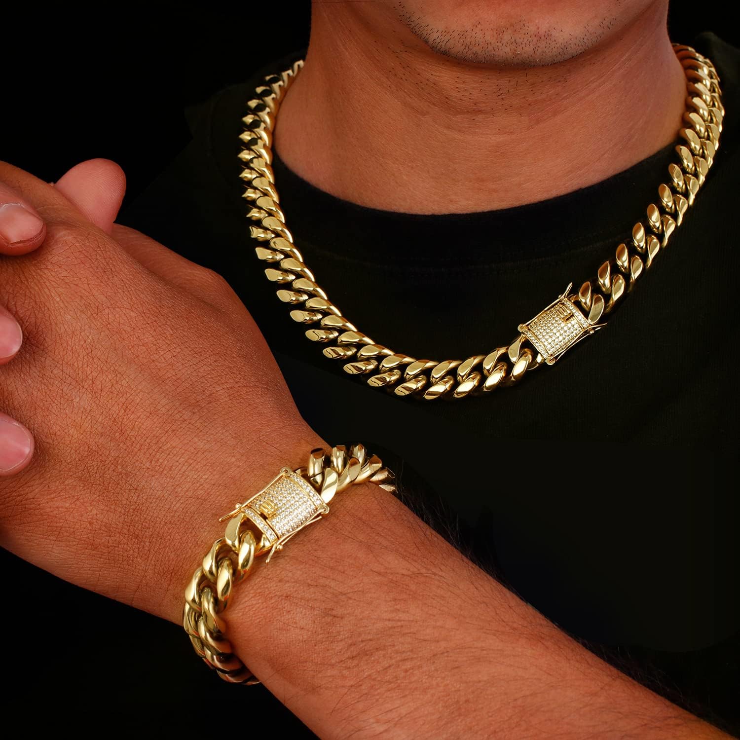 Heavy Stainless Steel Miami Cuban Link Bracelet 8mm-16mm 14k Real Gold Plated with Lab Diamond Clasp Premium Hip Hop Jewelry For Men Women with Gift Box - Image 5