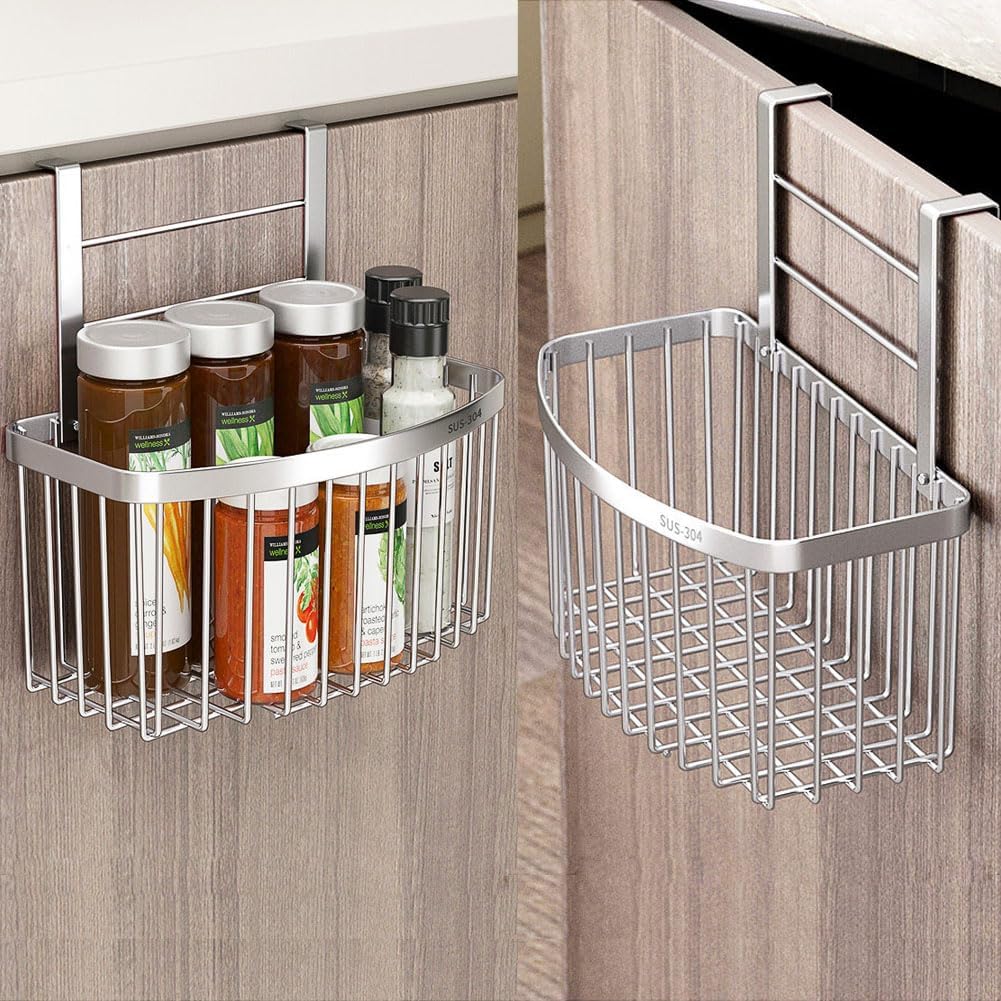 Over Cabinet Door Basket,SUS304 Stainless Steel Storage Basket, Kitchen Storage Organizer, Hanging it behind a door or on a railing,for Home Kitchen Bathroom Pantry, 2 Pack