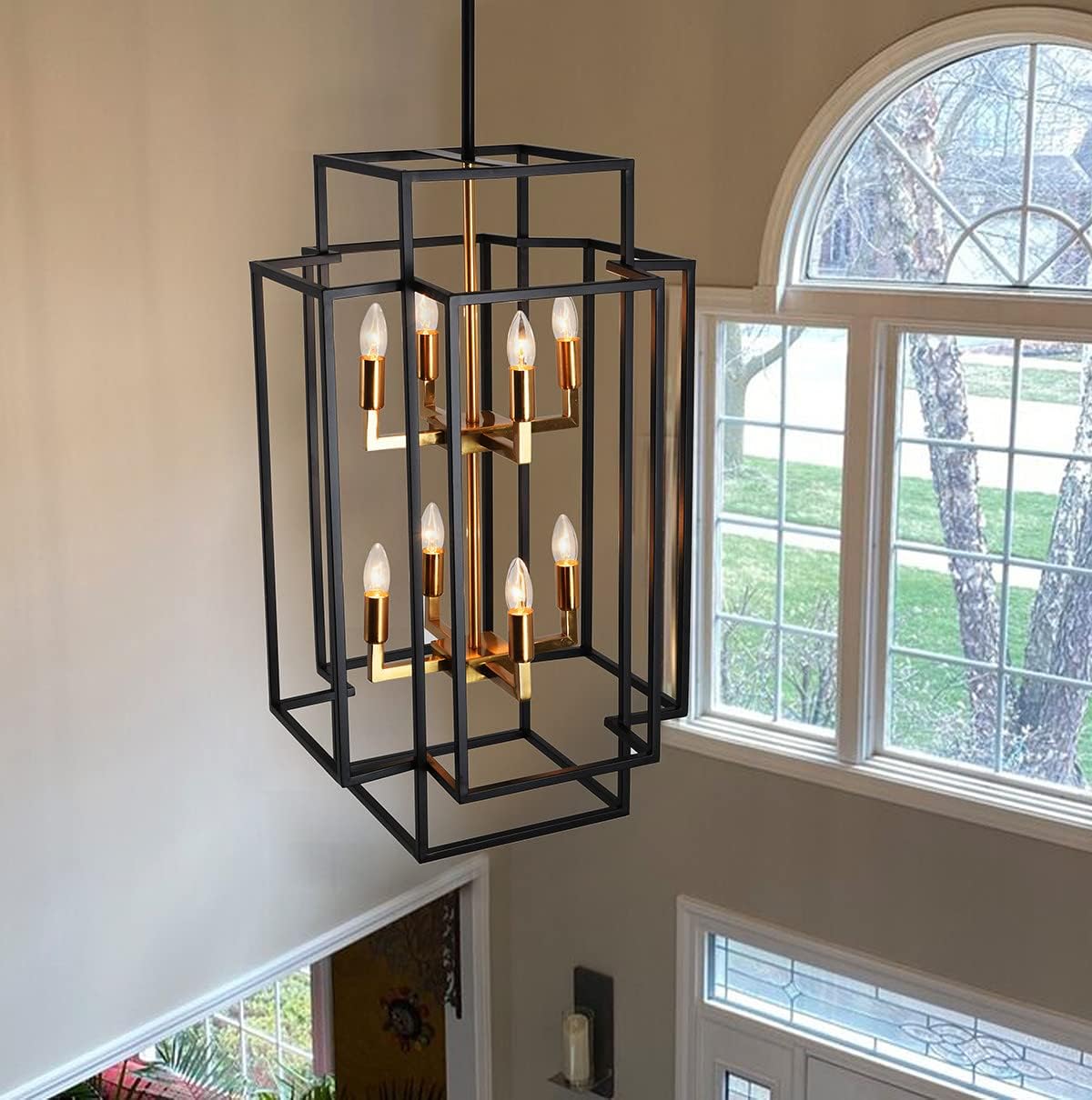 Aiwen 8 Lights Farmhouse Lantern Square Rectangle Chandelier Unique Candle Style Pendant Lighting Wide Cage Ceiling Light Fixture Black and Gold Finish for Dining Room Foyer Cafe Bar Living Kitchen