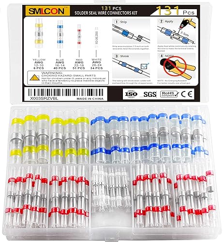 131 conectores de alambre de sellado de soldadura, conectores de alambre termorretráctiles, kit de conectores a tope de soldadura impermeables,