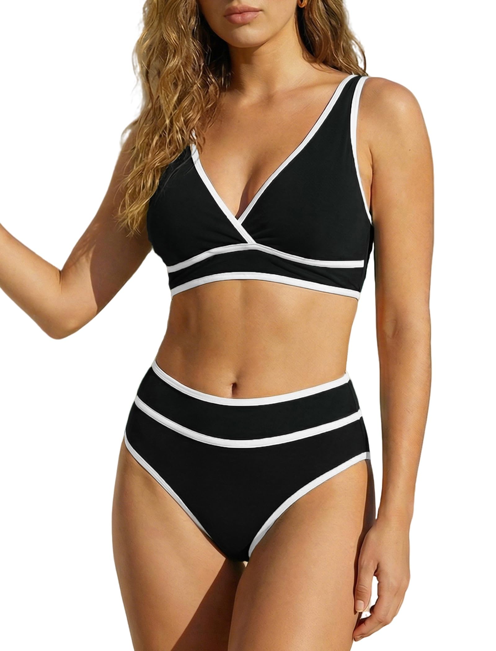 TcIFE Damen Bikini Set Sexy Tiefer V-Ausschnitt Bademode Hohe Taille Bottoms Zweiteiliger Badeanzug Farbblock Badeanzüge
