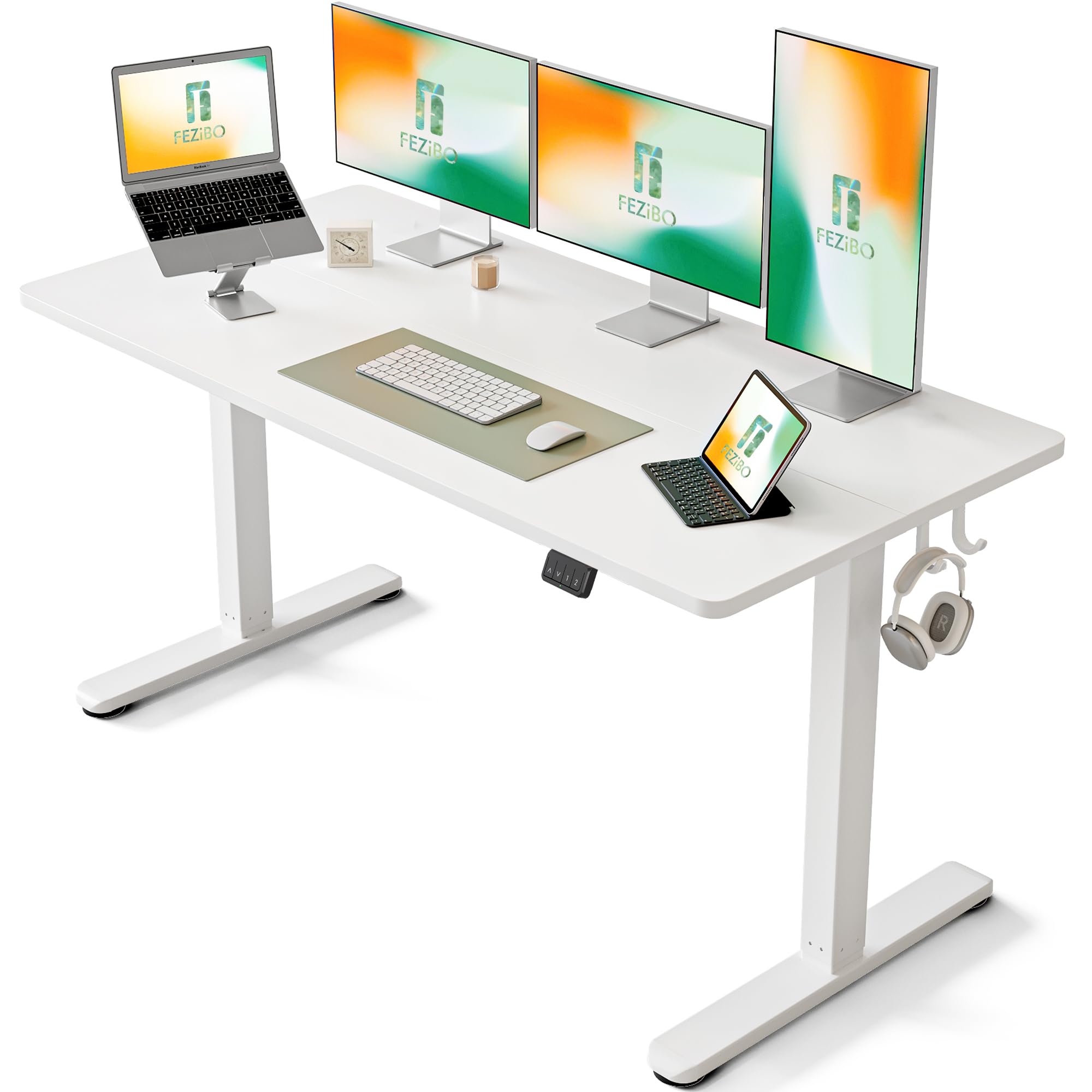 FEZIBO Bureau Debout Électrique Réglable en Hauteur, Table de 152 x 60 cm, Bureau de Travail Assis-Debout avec Panneau d'Assemblage, Cadre Blanc/Plateau Blanc