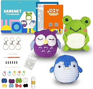BEEBARYJ 3PCS Crochet Kit for Beginners,Crochet Starter Kit for Adults and Kids DIY Crochet Animal Kit Crocheting Knitting Kit with Step-by-Step Video Tutorials (Penguin+Frog+Owl)