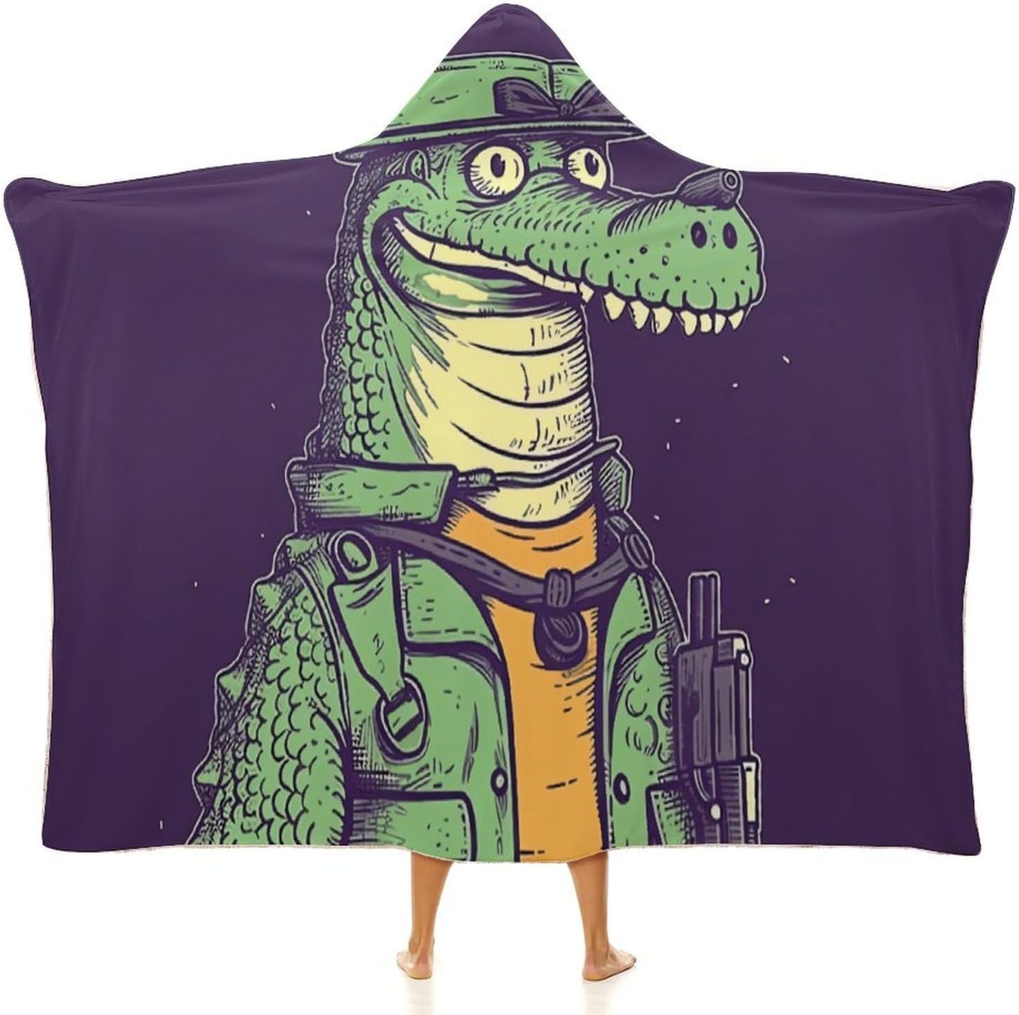 Crocodile Holding Gun Wearable Hooded Blanket, Ultra Soft Arctic Velvet Cape Cloak Unisex - Cozy Wearable Blanket