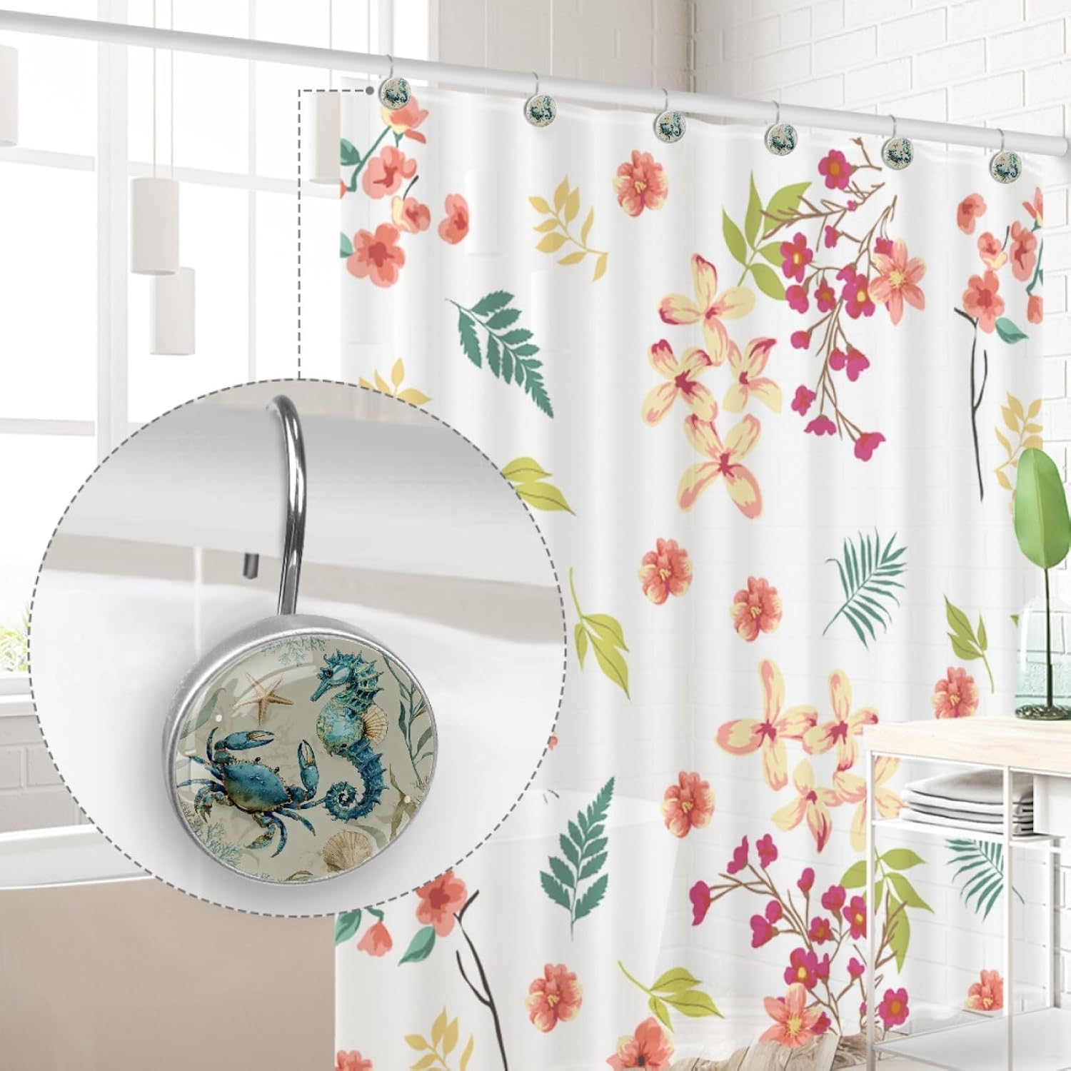 12 Pcs Shower Curtain Hooks, Crab Seahorse Rustproof Decorative Metal Round Shower Curtain Hangers Rings for Bathroom Bedroom Living Room Rods