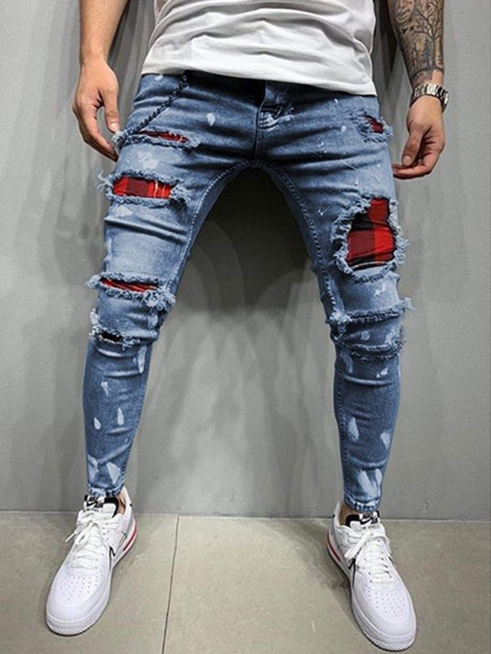 WQZYY&ASDCD Jeans Pantalon Herren Gesteppte Bestickte Jeans Skinny Jeans Zerrissene Stretch-Denim-Hose Man Elastische Taille Patchwork Jogging-Denim-Hose