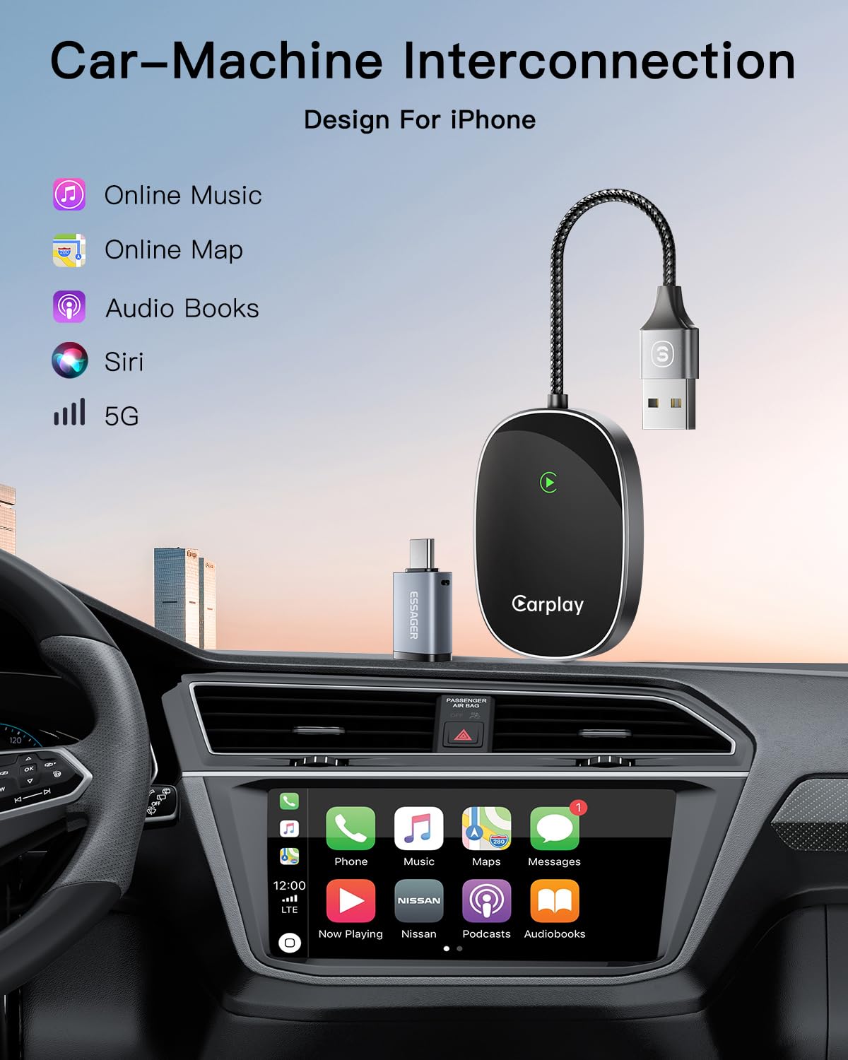 ESSAGER CarPlay Adaptador Inalámbrico para i-Phone WiFi 5G Convertir Cable a Wireless Carplay Dongle Plug and Play para Vehículo Integrado i-Phone 6+, iOS 10+