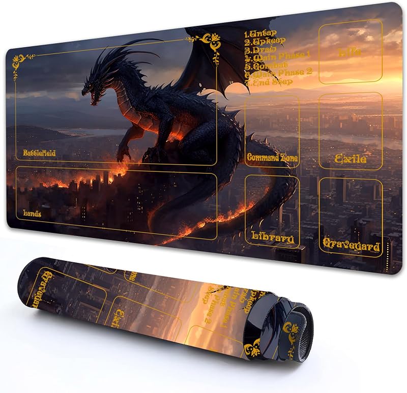 for MTG Playmat with Zones 24" x 14" with High Elastic Rubber Base Non-Slip Rubber Sole HD Printing for MTG Mat Magic Mat Card Playmats Magic Playmat Mouse Pad, Dragons Over The City