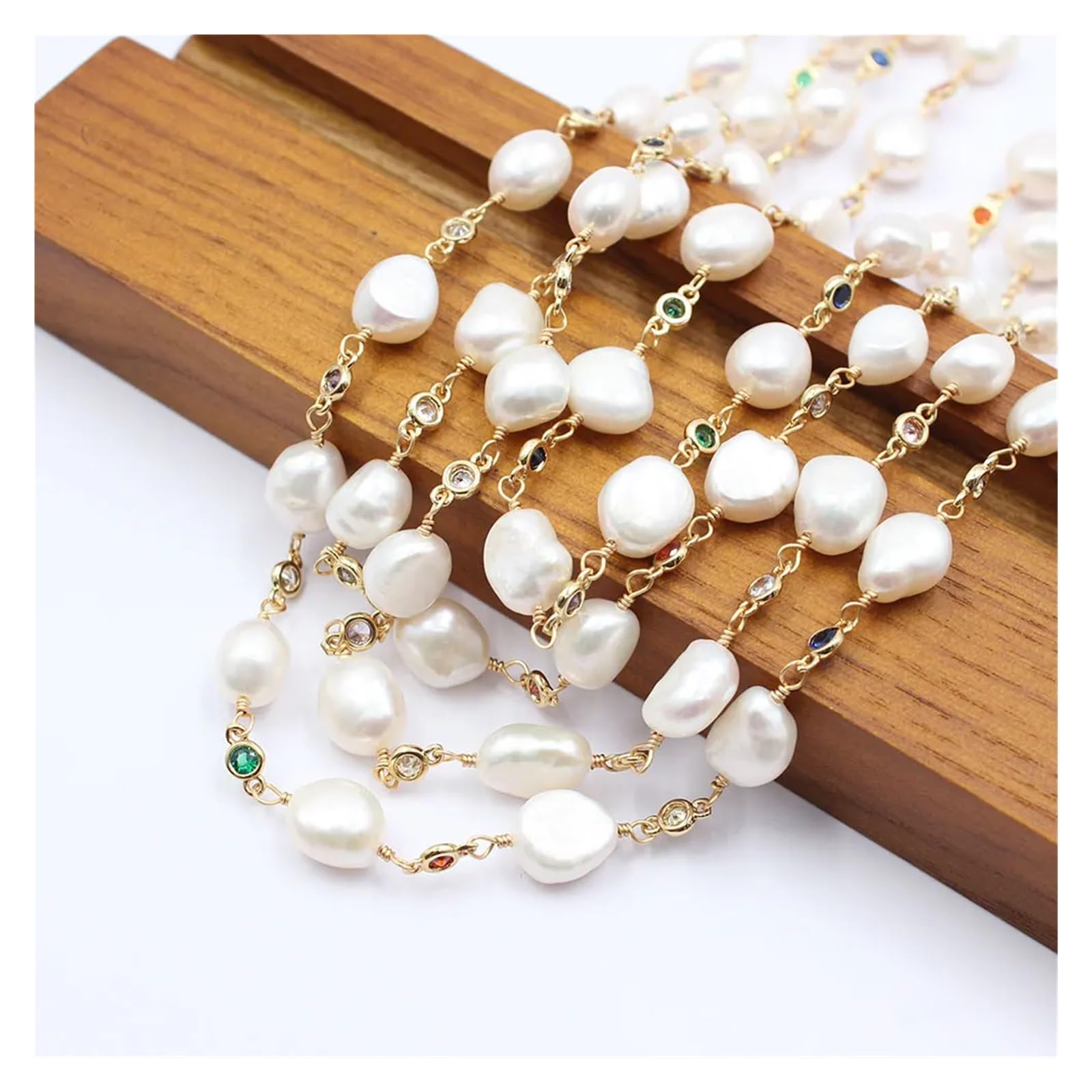 Joyería Collar de cadena de circonita cúbica multicolor con perlas barrocas blancas de agua dulce de 4 hebras de 18.0 in