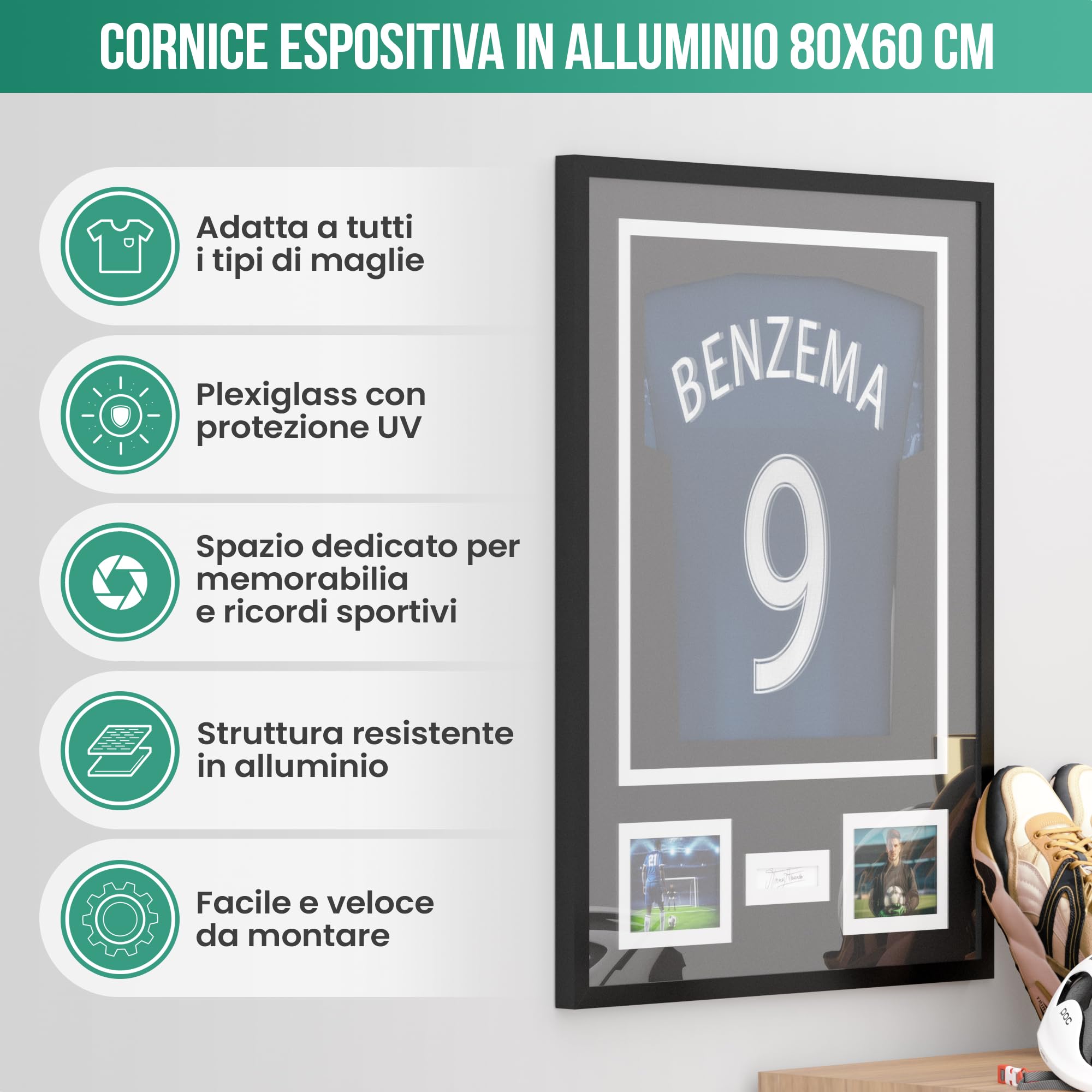 Avalo Cornice per oggetti in alluminio – Incorniciatura maglia da calcio – 3D Box Frame – 60 x 80 cm – Nero – Maglia incorniciata in cornice