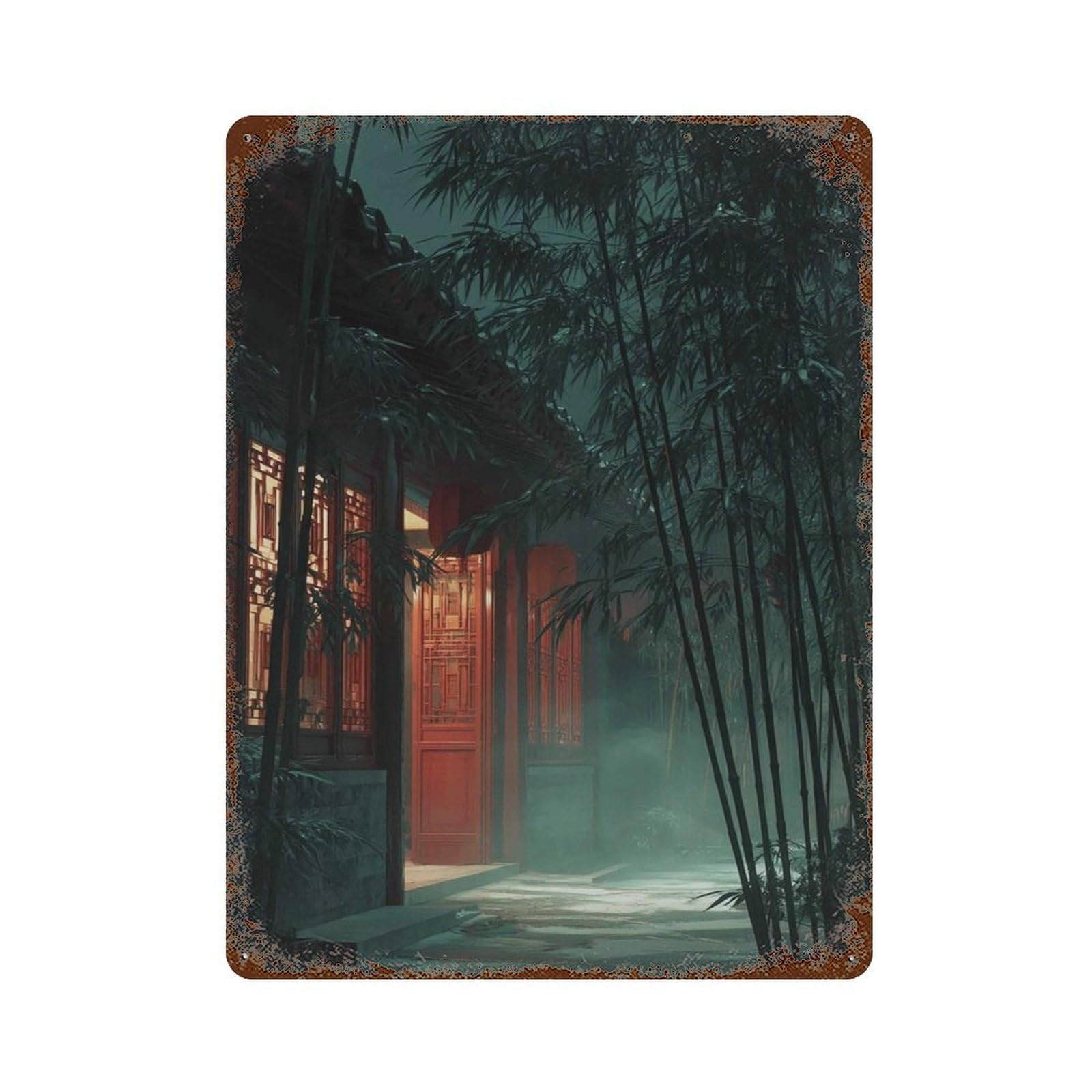 xiaoxiaoshen Misty Bamboo Garden at Night Tranquil Chinese Courtyard Red Temple Lanterns Wall Decor Art Metal Tin Poster Modern Home Decor Art Home Bar Shop Decorations Vintage Sign 40x30cm
