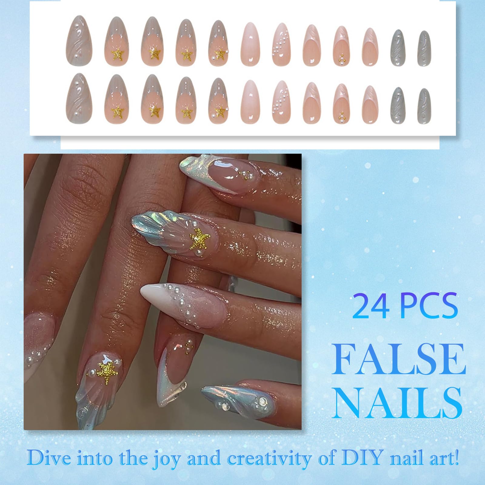 24PCS Short Almond Press On Nails With 3D Sea Starfish Shell Design And Blue White French Tip - Image 4
