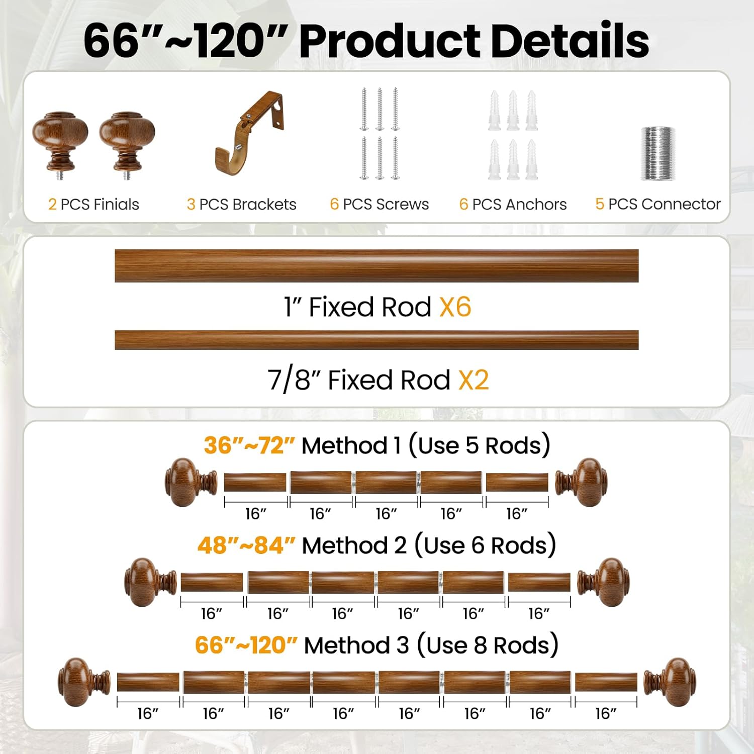 Wood Curtain Rod for Windows 66 to 120 Inches(5.5-10ft): 1 inch Diameter Heavy-Duty Adjustable Curtain Rod with Classic Finials For Bedroom & Livingroom