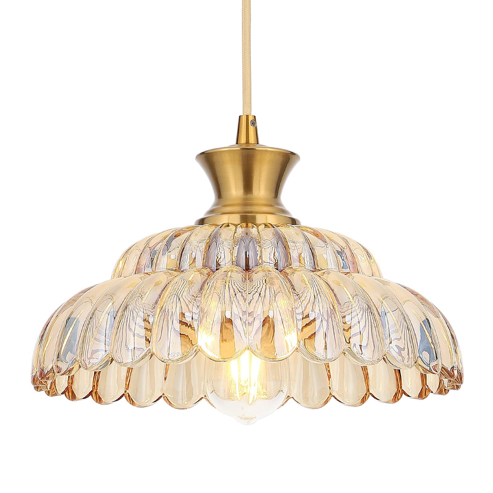 φ30Cm/11.8" Lampada a Sospensione Vintage Vetro Oro,Lampadari Cucina Paralume a Scallop Attacco E27,Lampadario Soggiorno Sala da Pranzo,Cucina, Decorazione Interna