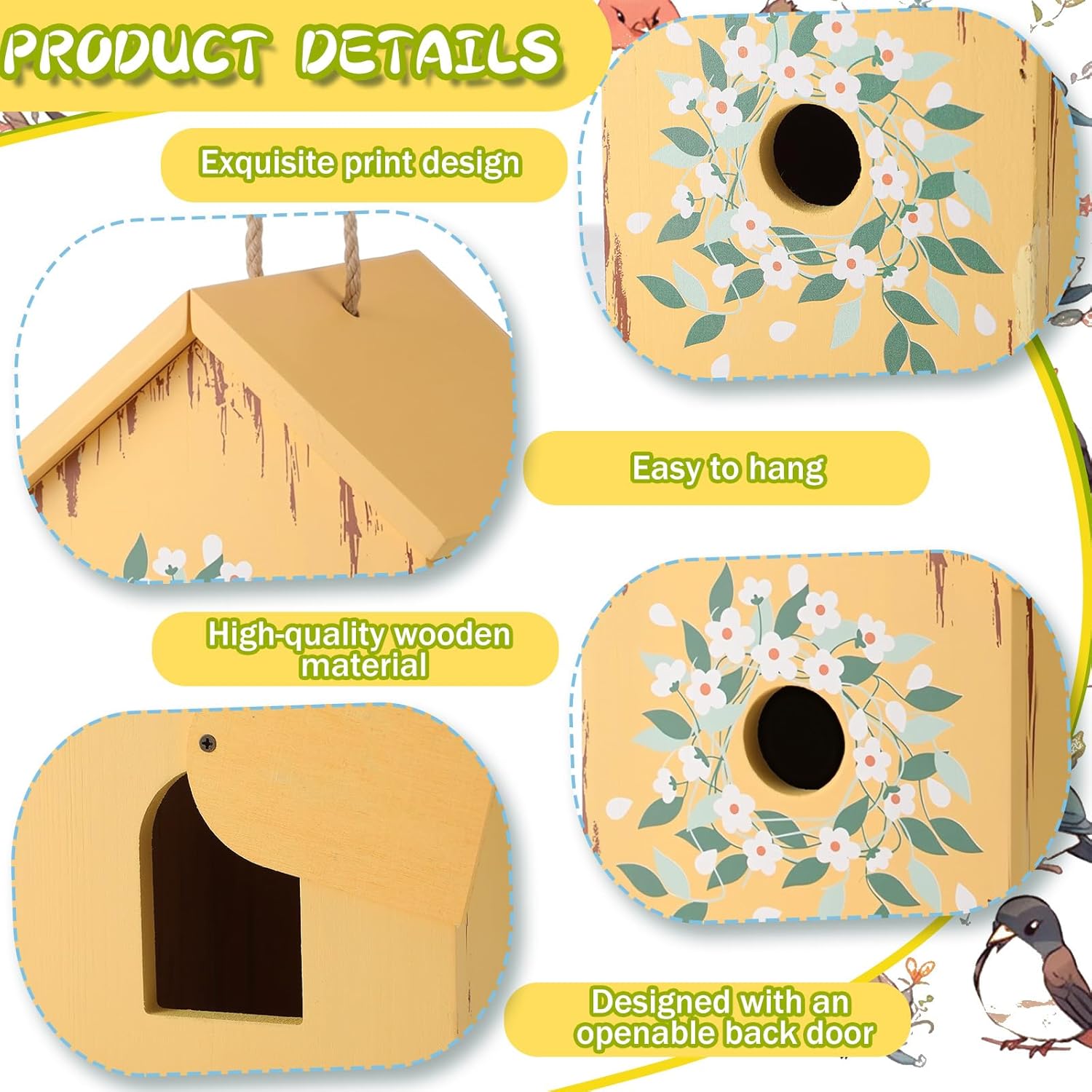 Thyle 2 Pack Wren Houses for Outside, 1.2 Inch Entrance Wooden Bird House Hanging Bird Nesting with Rope for Wren Chickadee, Hand Painted Floral Vintage Rustic Birdhouse for Garden Patio(Vintage)