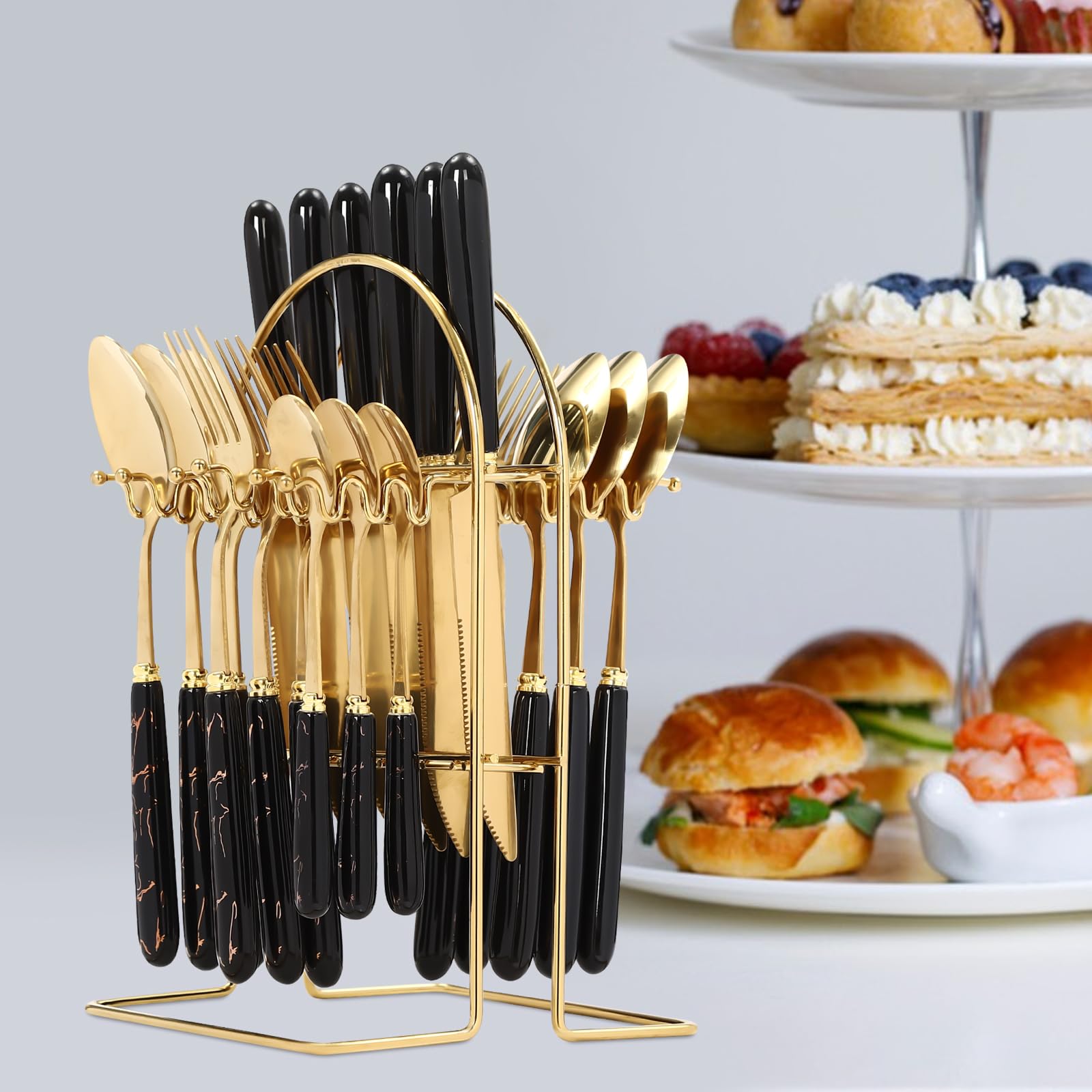 Juego de cubiertos de 24 piezas de acero inoxidable con soporte, hasta 6 personas, para familiares, reuniones de amigos, banquetes de vacaciones, bodas, etc.