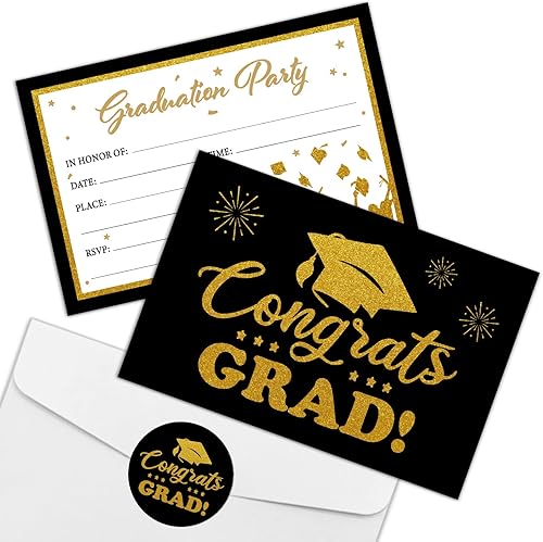 REWIDPARTY Invitaciones de fiesta de graduación con sobres y calcomanías (juego de 15) tarjetas de felicitación de graduación negras y doradas,