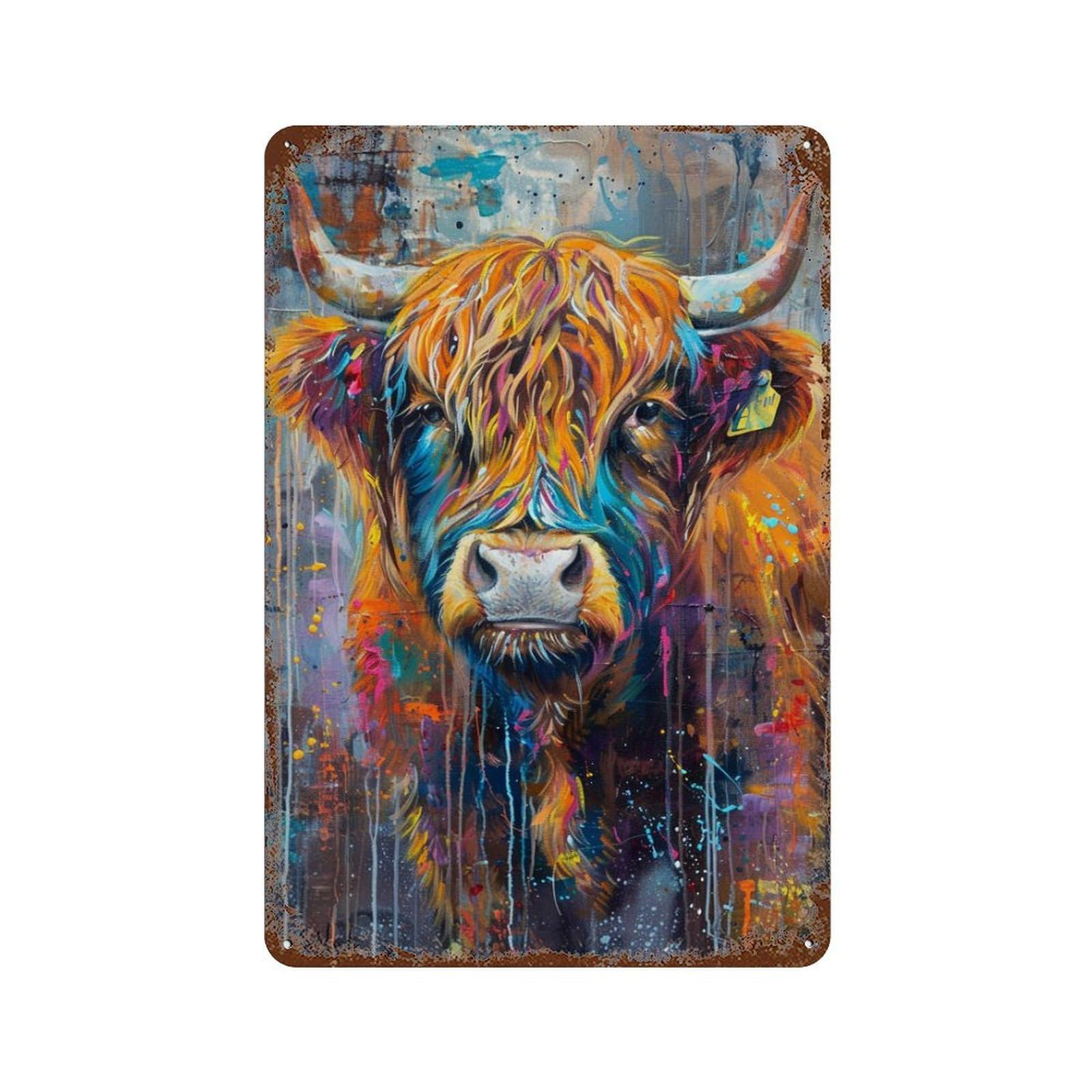 Colorful Highland Cow Painting 11.8"x7.9" Rust Effect Tin Sign, Vintage Wall Decor for Farmhouse, Kitchen And Entryway Decor