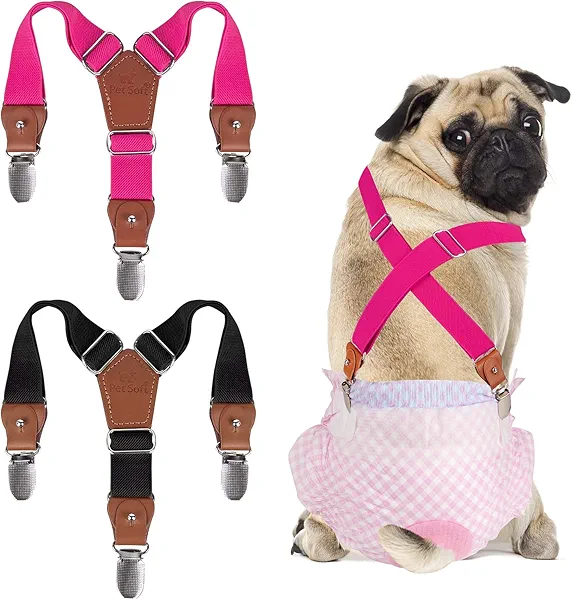 Pet Soft Dog Suspenders 2 Pieces Female Dog Diaper Suspenders for Dogs Diaper Keeper Suspender for Skirt, Dress, Diapers (Black & Pink, XS/S)