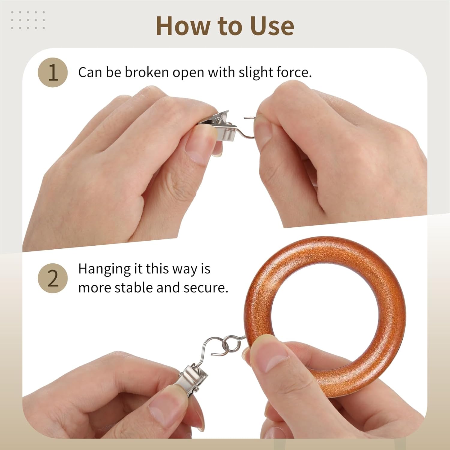 24 Pcs Wooden Curtain Rings, Curtain Rod Rings with Hooks, Black Walnut, 1.7 Inch Inner (Light Brown)