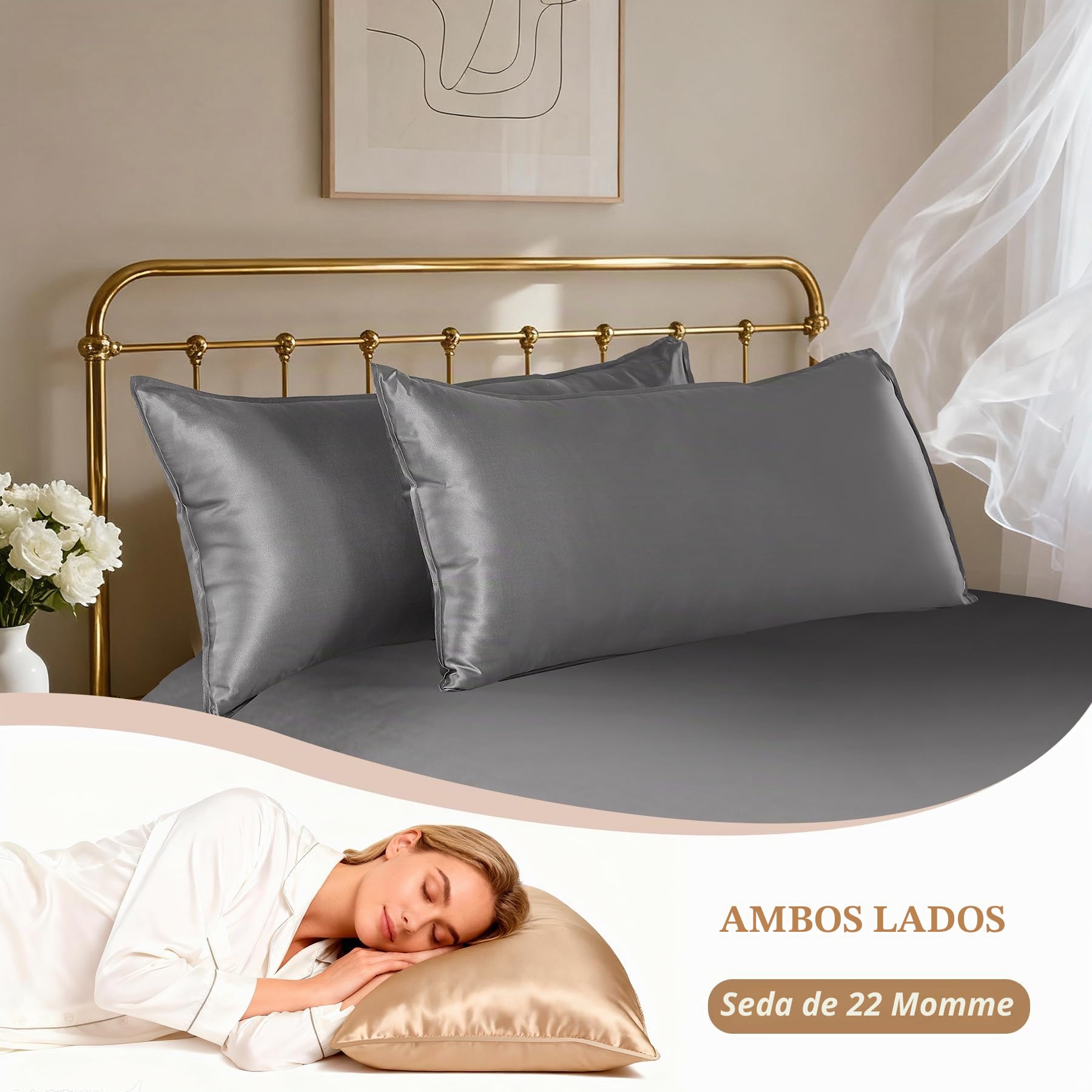 Fundas de Almohada de Seda 100% Morera Natural 22 Momme, Suaves y Cuidado de la Cabello Funda de Almohada de Seda 2 Piezas Gris (40 * 80cm)