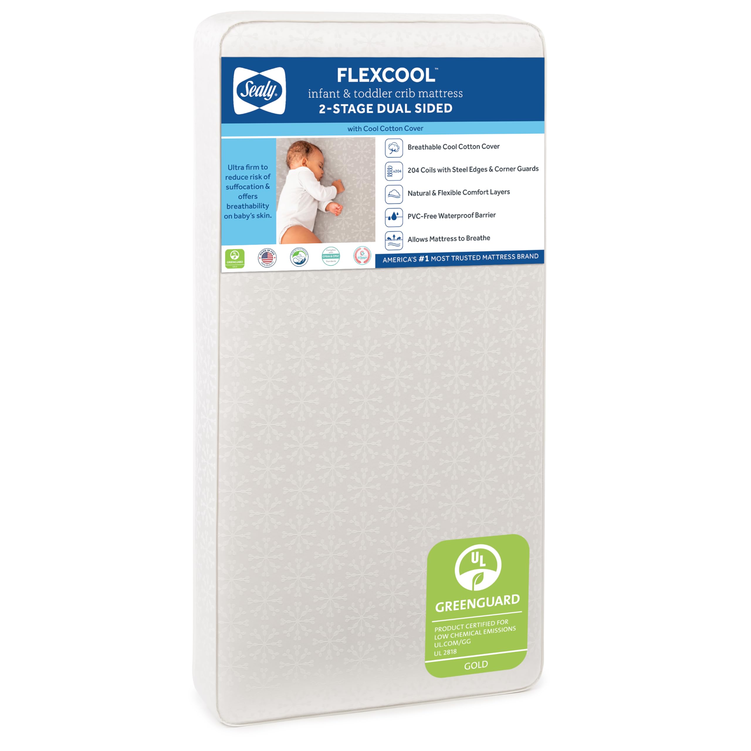 Flex Cool Breathable Crib Mattress, GREENGUARD GOLD Certified, Made in USA, Waterproof & Airy Cotton Cover, Toddler Bed Fit, 204 Premium Coils, Safety & Quality Tested, 52"X28"