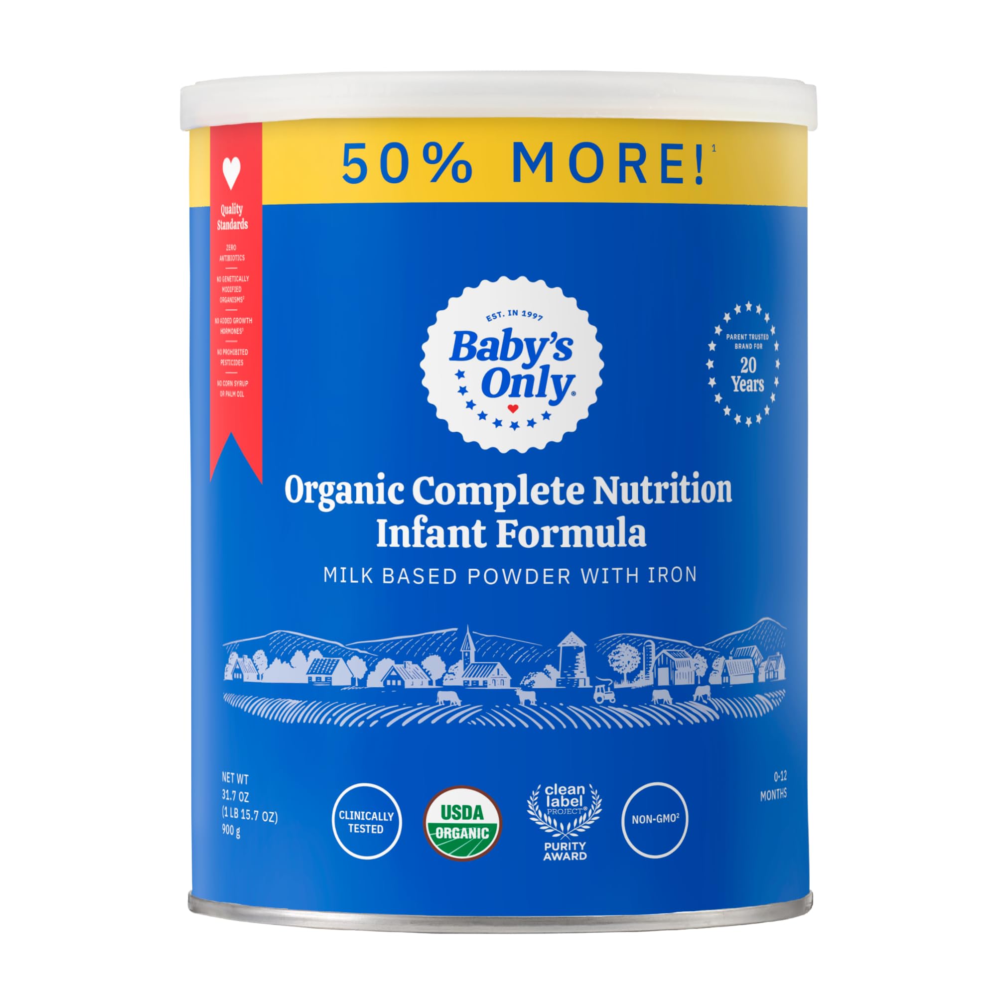 Baby's Only Organic Complete Nutrition Infant Formula, Milk Based Powder with Iron, Modeled After Breast Milk, Newborn to 12 Months Old, 31.7 oz, 1 Pack
