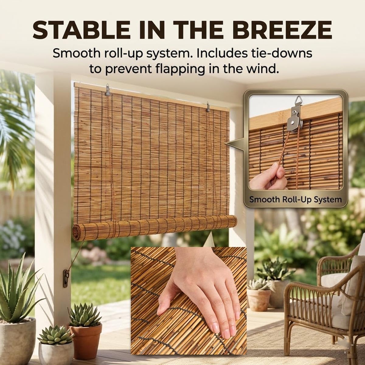Outdoor Bamboo Roller Blinds 72 84 108 64 48 36" W, Natural Reed Patio Shades Waterproof Roll Up Exterior Window Blinds Privacy for Porch Sunroom Garden Sun Shade, Cordless(40" W x 64" H)
