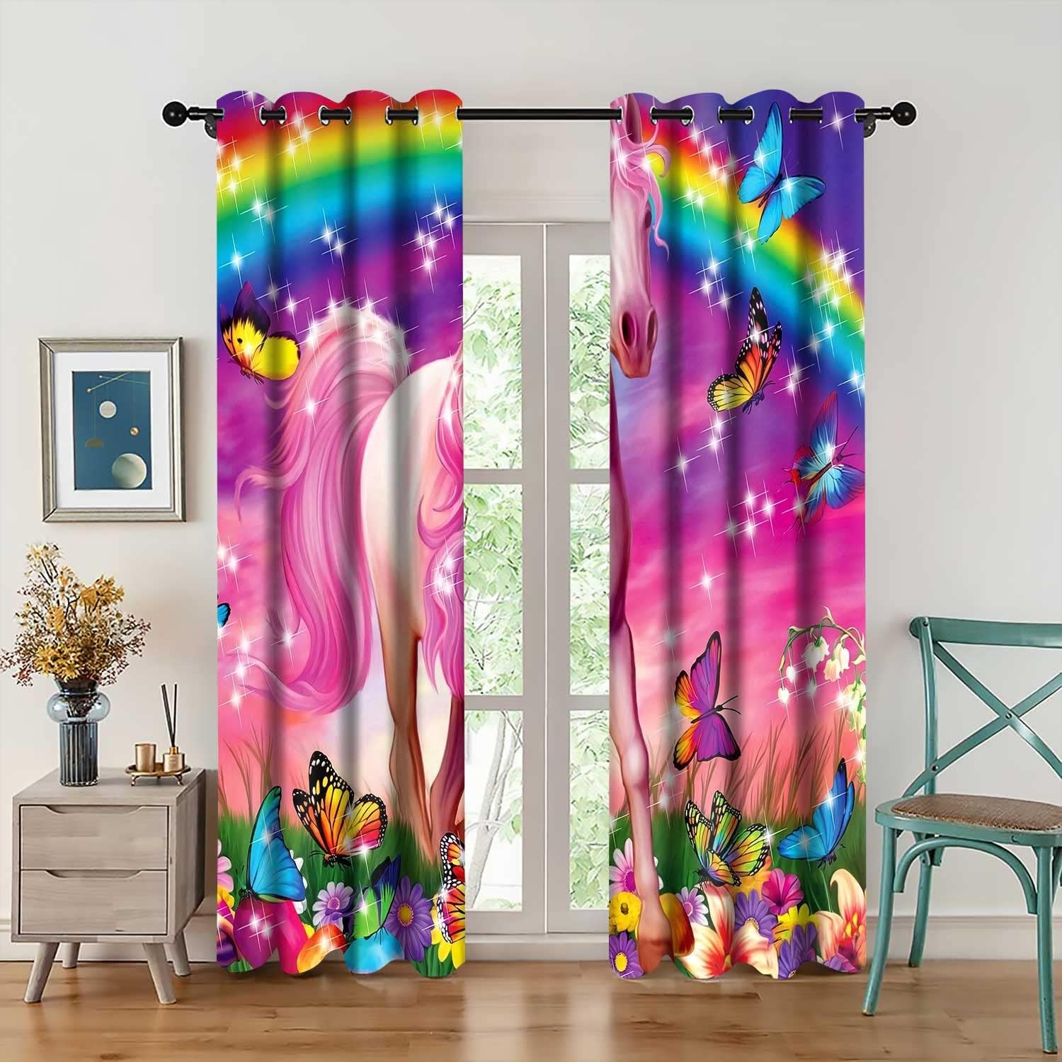 Dreamy Horse Pink Curtains Gorgeous Rainbow Fairy Tale Colorful Butterfly Print Blackout Window Drapes Room Darkening for Girls Bedroom Living Room Window Treatments 2 Panel 42x84inch CLZYMS24