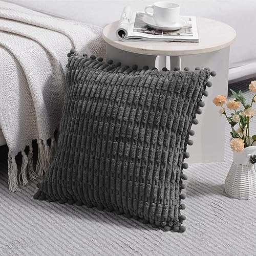 Miniatura 2 de Fancy Homi Paquete de 2 fundas de almohada decorativas gris oscuro de 20 x 20 pulgadas con pompones para sofá, cama, sala de estar, decoración