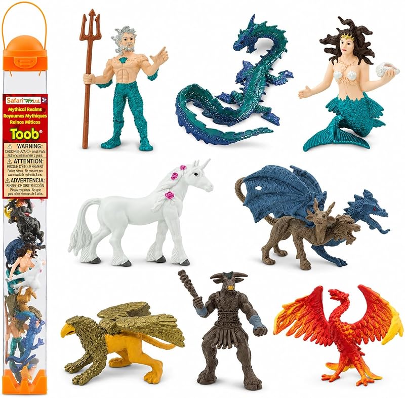 Safari Ltd. Mythical Realm TOOB - 8 Mini Figurines: Chimera, Griffin, Phoenix, Unicorn, Sea Dragon, Minotaur, Poseidon, & Mermaid - Mythology Educational Toy Figures for Boys, Girls & Kids Ages 3+