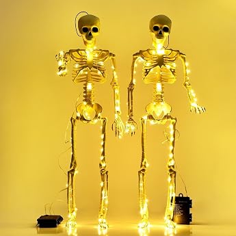Taspire Pack of 2 60 cm LED Skeleton Halloween Decoration Movable Full Body Joint Skeletons Halloween Skeleton Decoration Cemetery Decorations Haunted House Accessories