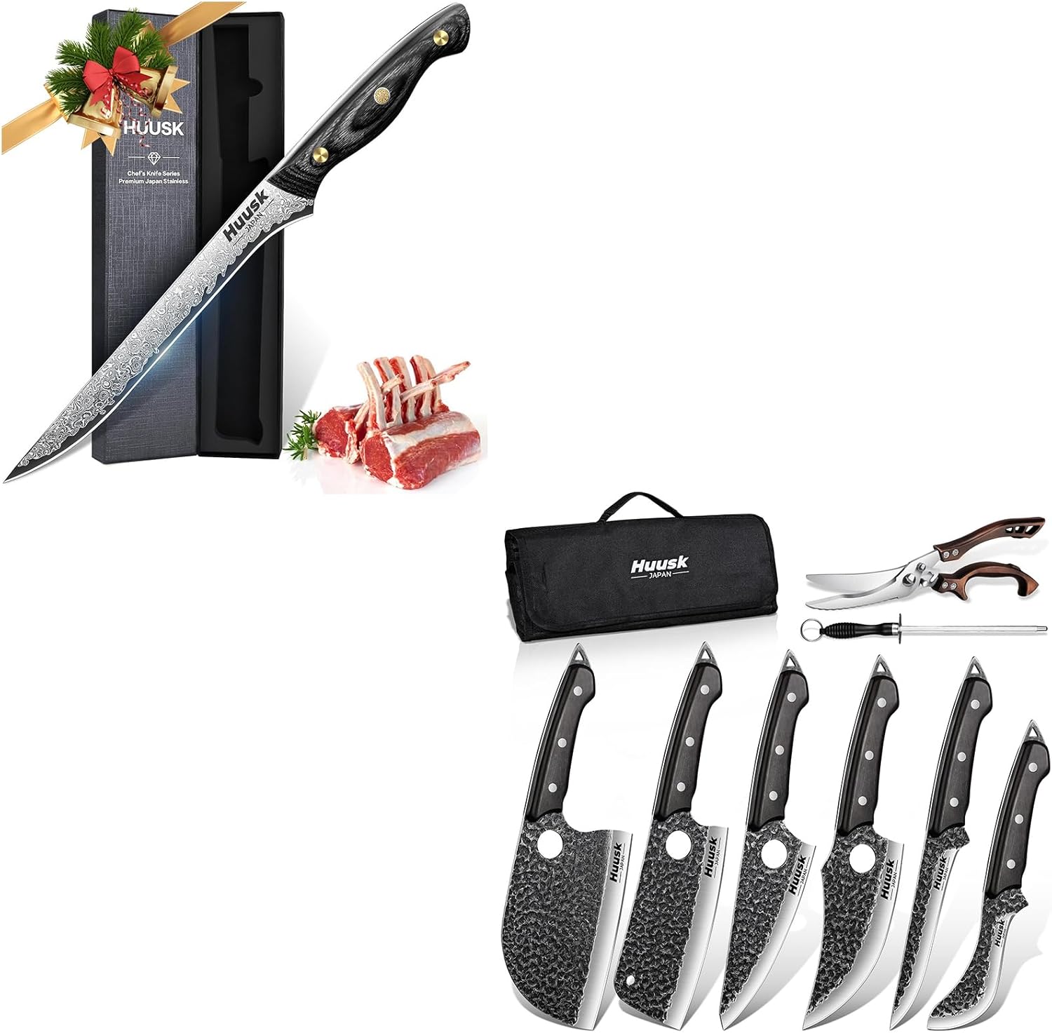 Huusk Serbian Chef Knife Set - 6Pcs Bundle with a Damascus Boning Knife, Viking Boning Knives with Bag for Kitchen Outdoor BBQ Camping,Birthday Gift Idea Men