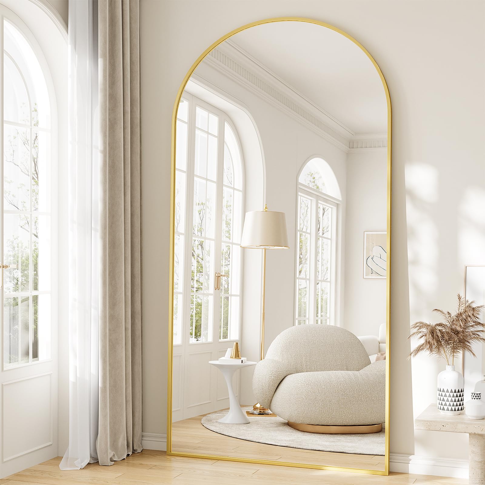 Photo 1 of WISSMIELS Oversized Full Length Mirror, 38"x77" Large Arched Floor Mirror Full Length with Stand, Room Decor Big Full Body Mirror with HD Tempered Glass Aluminum Frame for Bedroom Living Room, Gold