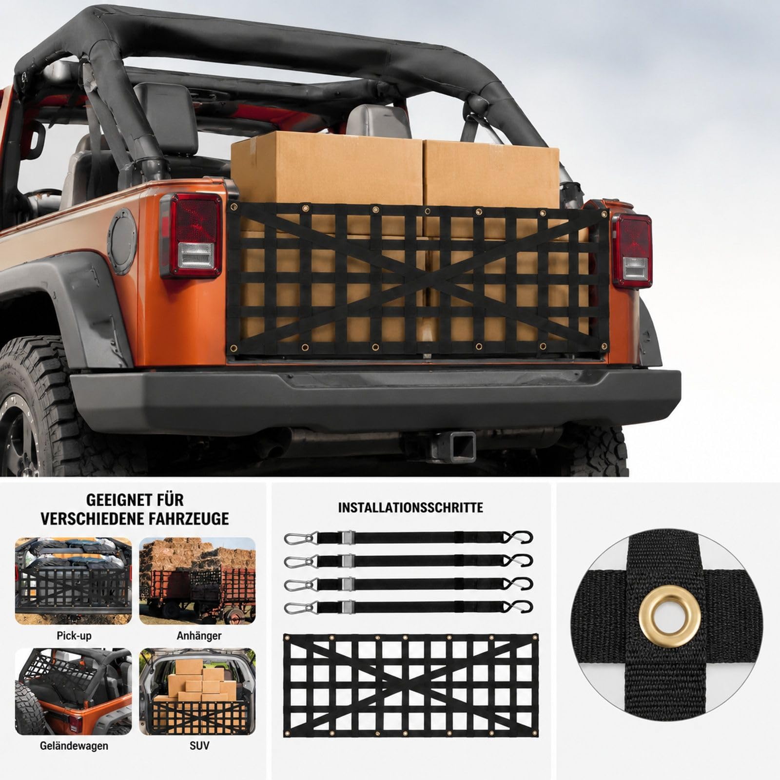 Heckklappennetz für Pick-up mit verstellbarem Kreuzdesign für Ladefläche und Gepäckbereich