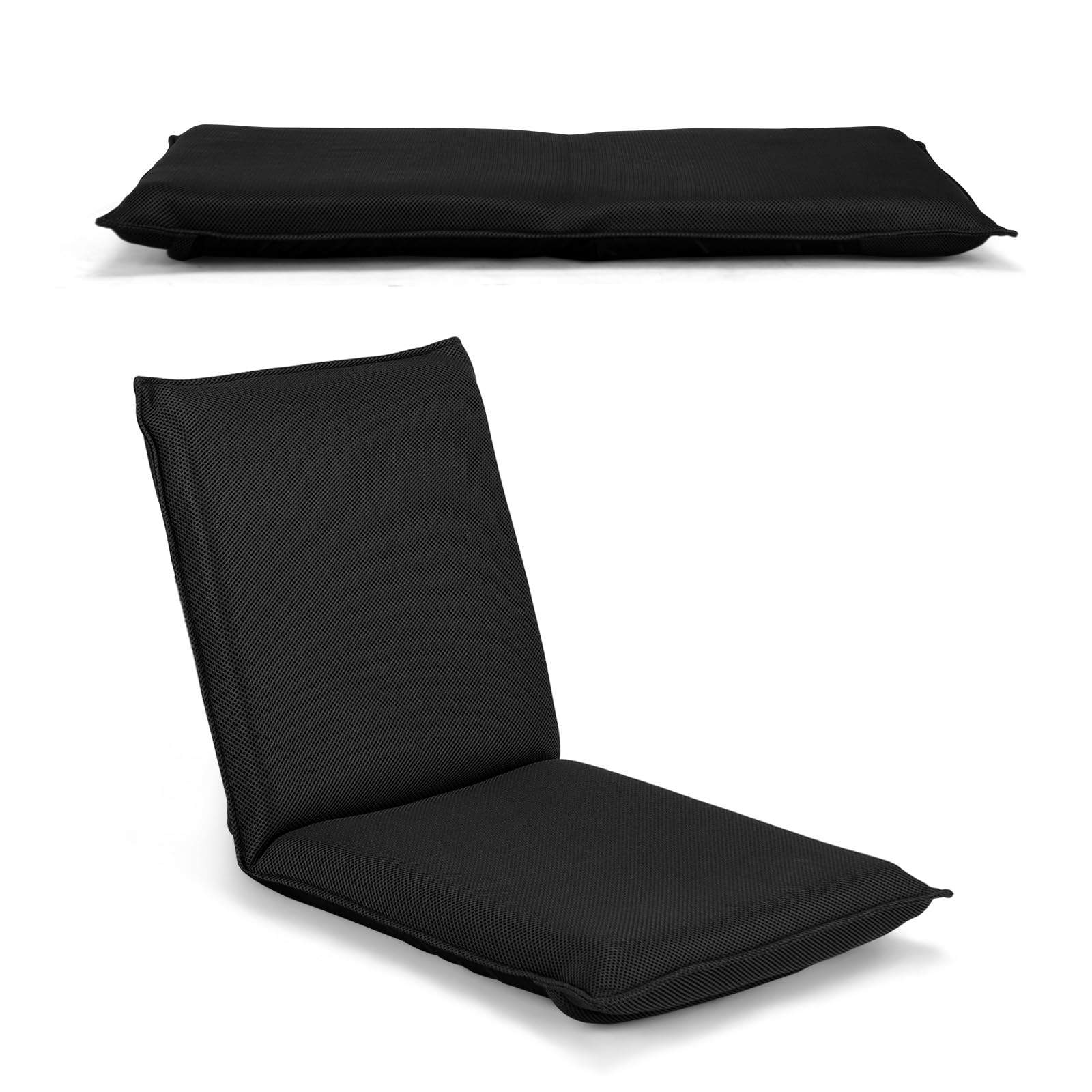 HOMASIS Bodenstuhl klappbar, Bodensessel mit verstellbarer Rückenlehne in 6 Stufen, gepolsterter Lehnstuhl aus Netzstoff & Schaumstoff, Meditationsstuhl mit Liegefunktion zum Fernsehen Lesen (Schwarz)