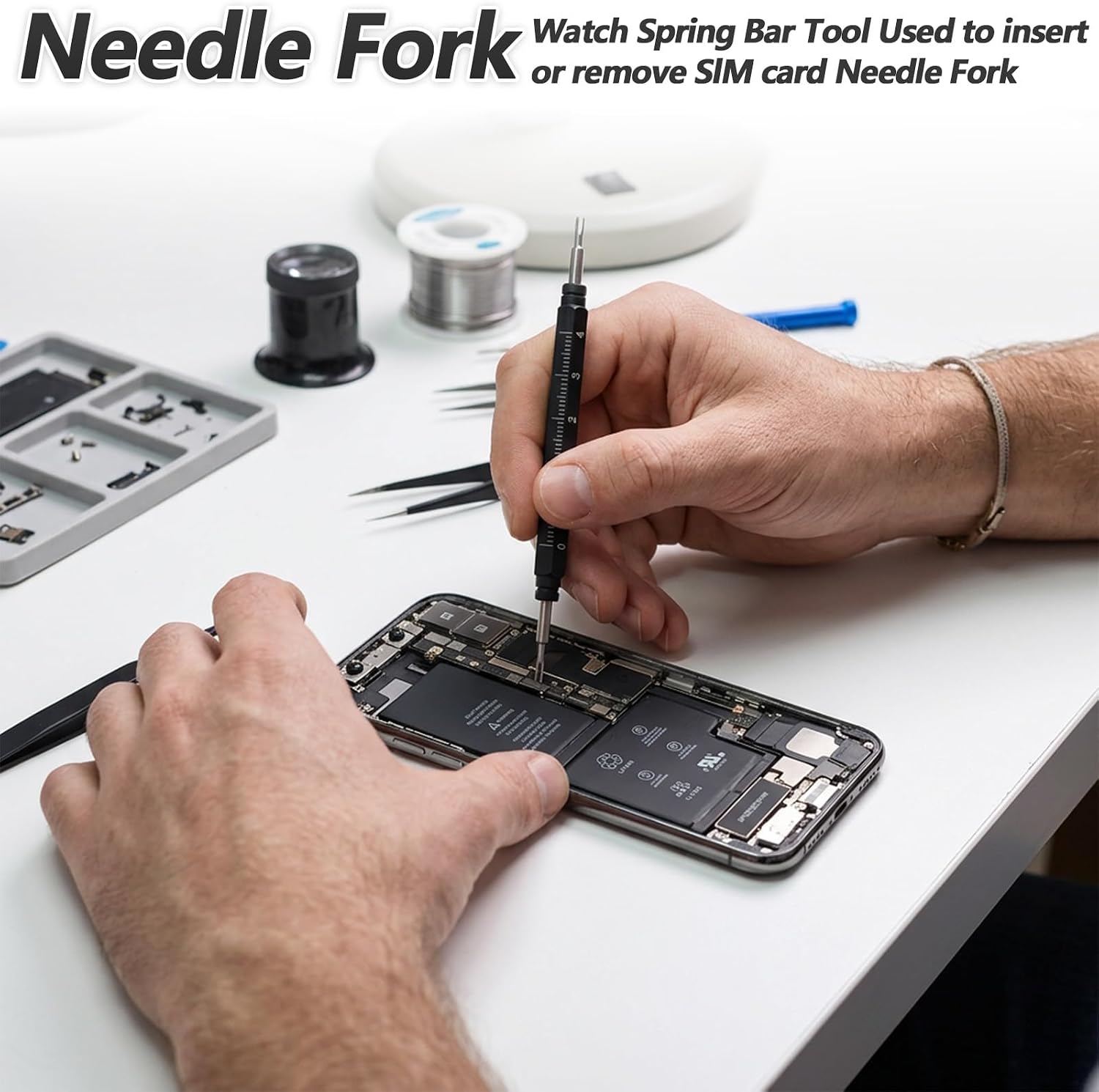 Watch Spring Bar Tool Kit, Premium Pin Removal Tool with Built-in Ruler for Watch Band Removal Installation, Jewelry Craft, Phone Card Insertion, with Caps, Replacement Fork & Cleaning Cloth