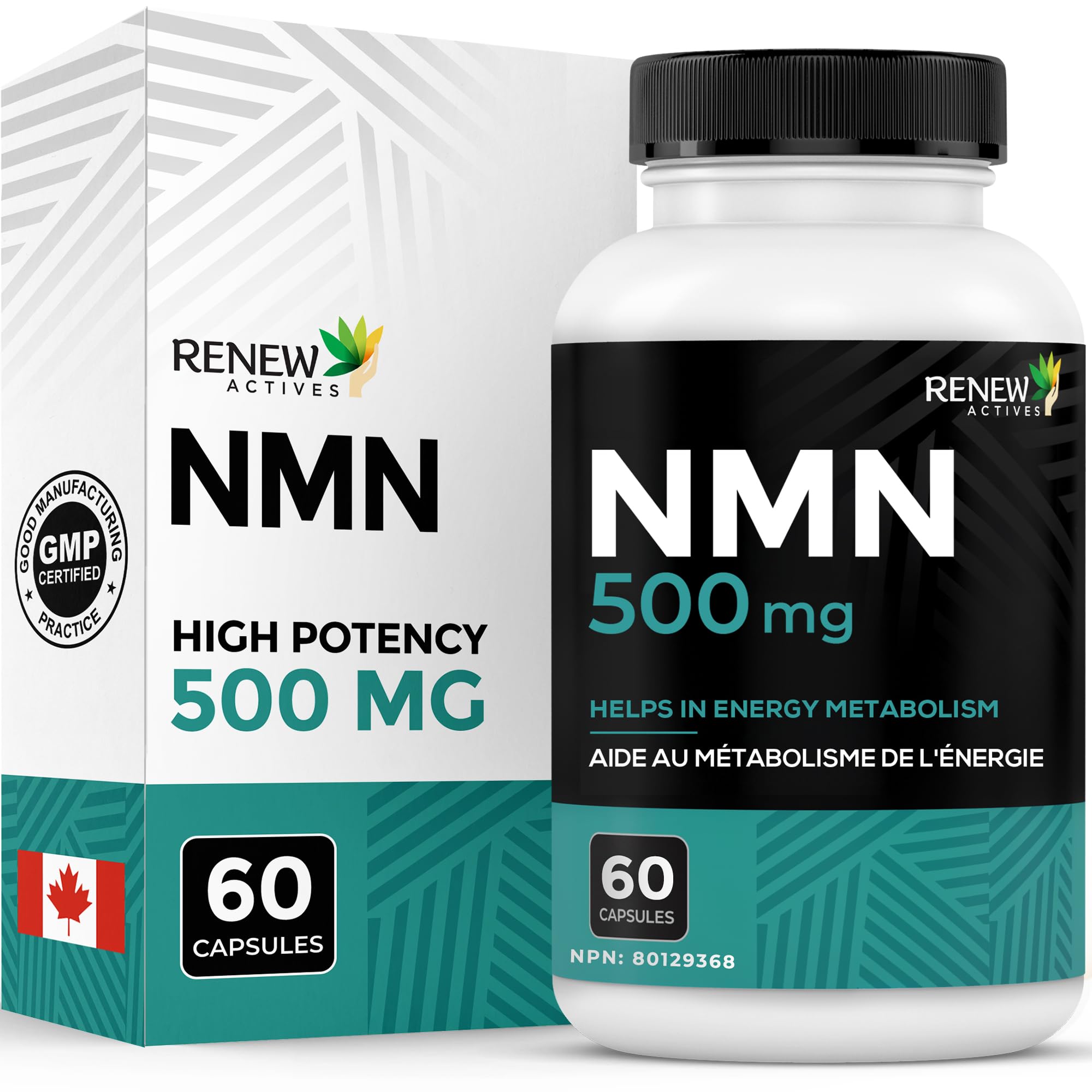 RENEW ACTIVES NMN Supplement 500mg per Serving – Highest Potency Available, Boosts NAD+ for Cellular Health, Promotes Longevity, Energy Metabolism & Tissue Formation, Made in Canada – 60 Capsules