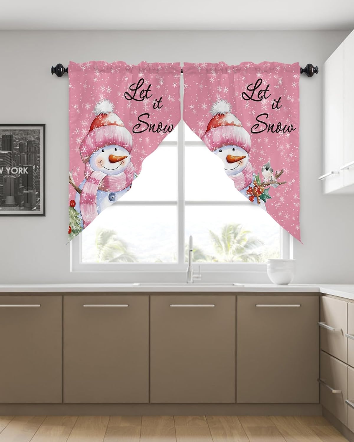 Christmas Curtains Swag Valance Snowman with Robin Pink Rod Pocket Kitchen Curtains Winter Holiday Window Treatment Valances Swag Curtains for Christmas Decorations, 1 Pair, 36"W x 36"L