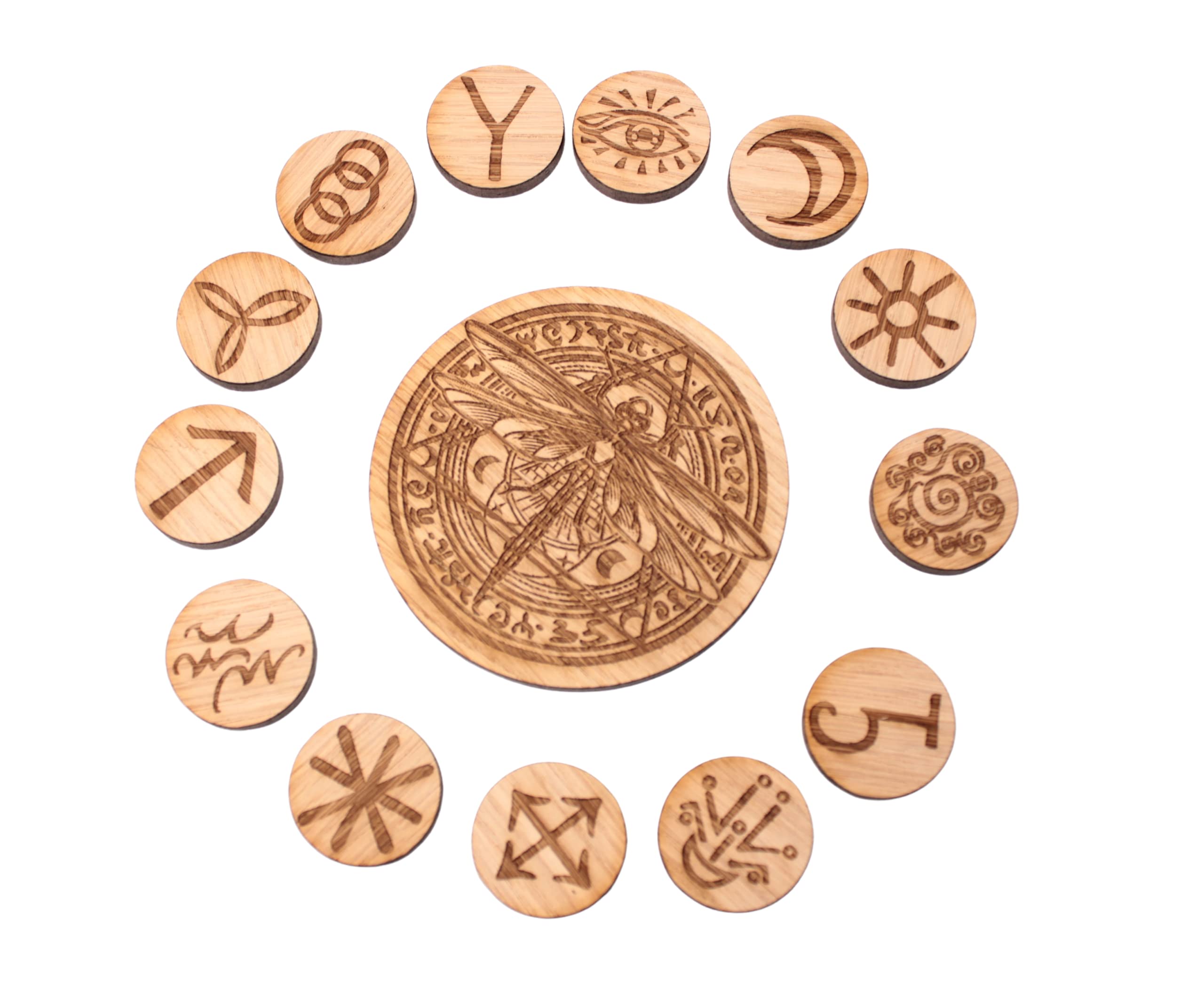 13 Witch Rune Stones with Magic Dragonfly Wooden Rune Set Oak