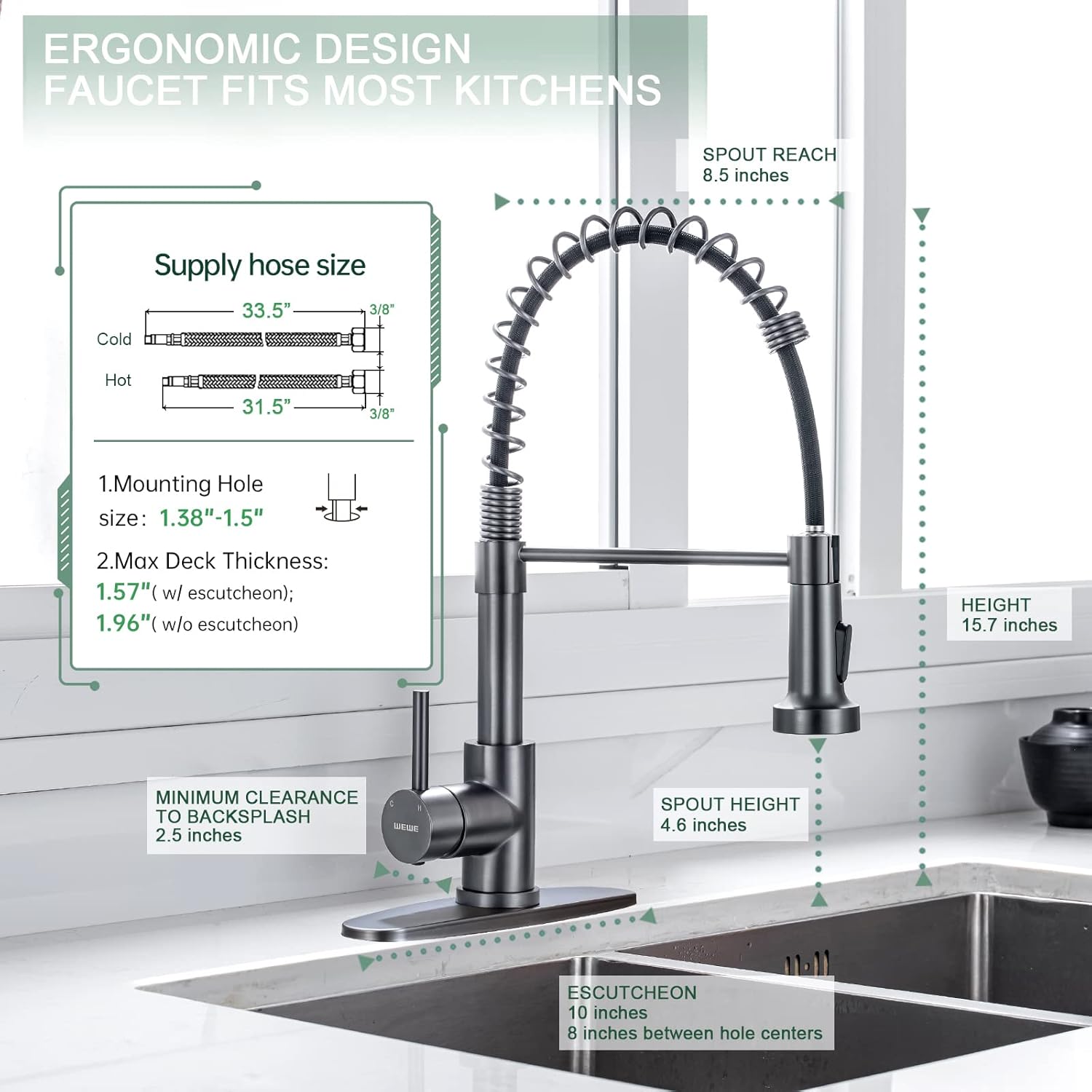 Black Stainless Kitchen Faucet, Faucet for Kitchen Sink with Pull Down Sprayer Gray Matte Gun Black WEWE Kitchen Faucet with Deck Plate Stainless Steel Farmhouse Commercial with Soap Dispenser