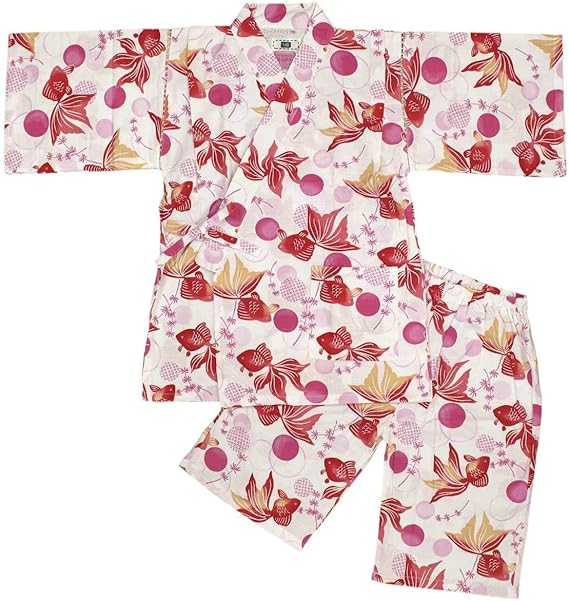 Amazon Co Jp 女の子 ガールズ ジュニア 浴衣 甚平 くろわっさんすべべ 甚平上下セット 水彩 金魚 和柄 日本製生地 女児 子供用甚平 140cm ピンク ファッション