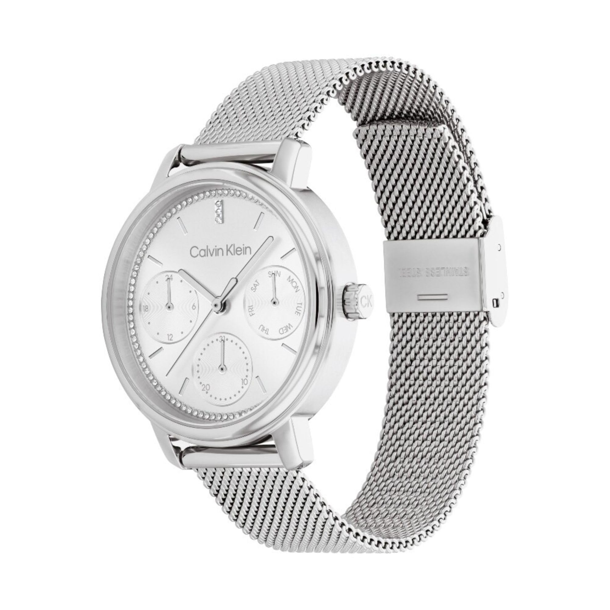 Calvin Klein Minimalistic Women's Stainless Steel Case Quartz Multifunction Watch with Stainless Steel Mesh Bracelet (Model: 25200180) 2
