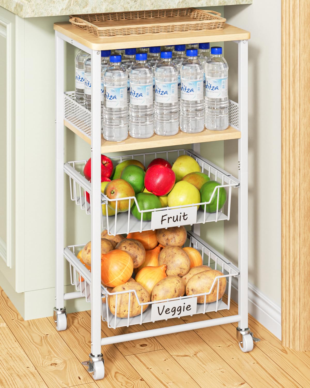 Giwil Vegetable Fruit Basket for Kitchen Pantry Organizers Storage, 4-Tier Utility Rolling Cart on Wheels with Wood Rack and Drawer Wire Baskets for