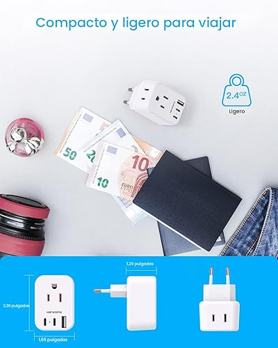 Miniatura 4 de HANYCONY Adaptador de enchufe de viaje europeo USB C, adaptador de enchufe internacional, adaptador de Estados Unidos a Europa, enchufe 2 tomas de