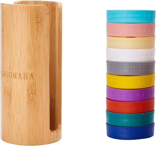 QOOMABA Tapas de plástico para tarros de masón, 10 unidades con un organizador de tapa de tarro de bambú - a prueba de fugas y ahorro de espacio