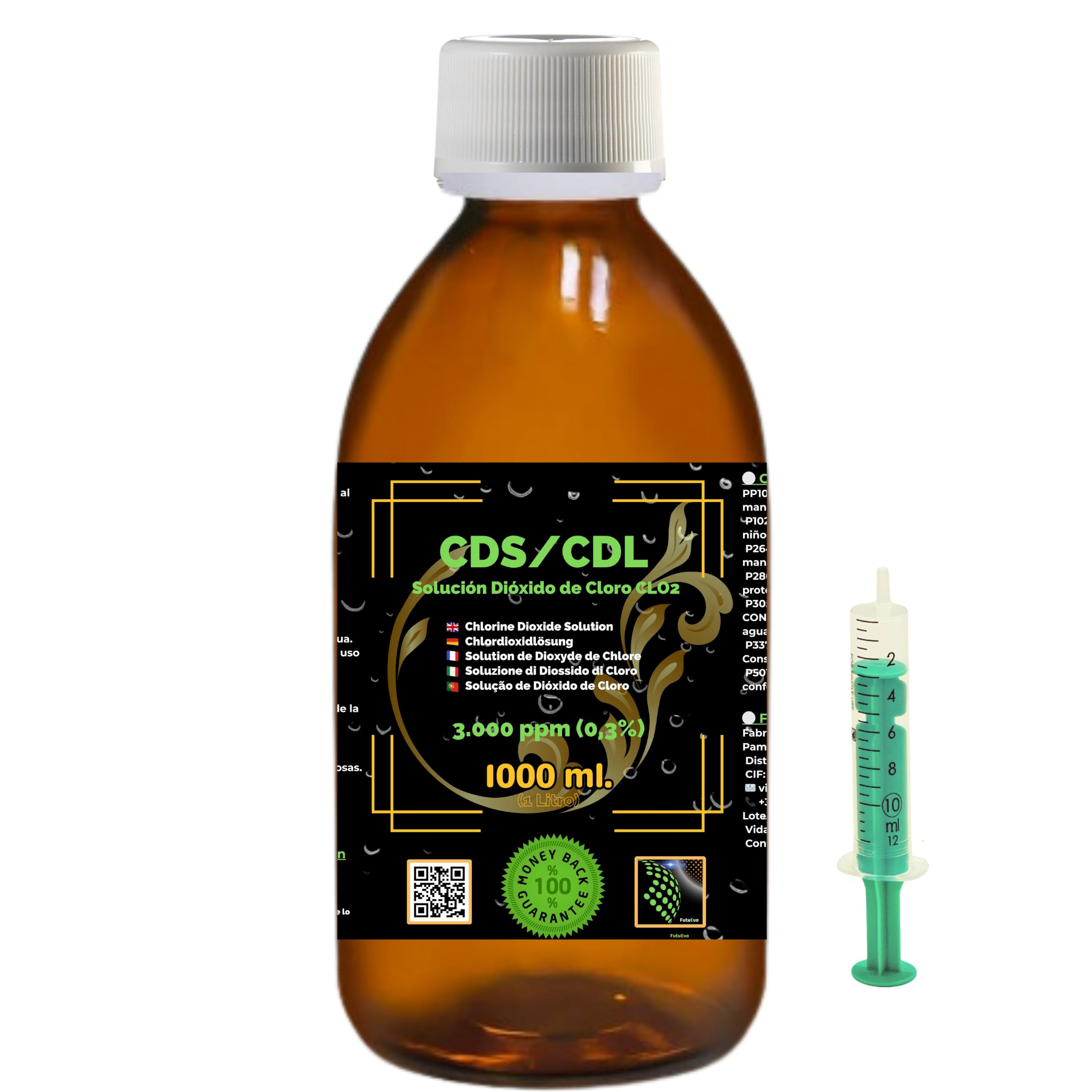 CDS/CDL 3000 ppm 1000 ml | Roztwór dwutlenku chloru w butelce ze szkła bursztynowego z zakraplaczem i zakraplaczem | Wysoka czystość, dozownik prezentowy dla precyzyjnego użytkowania.