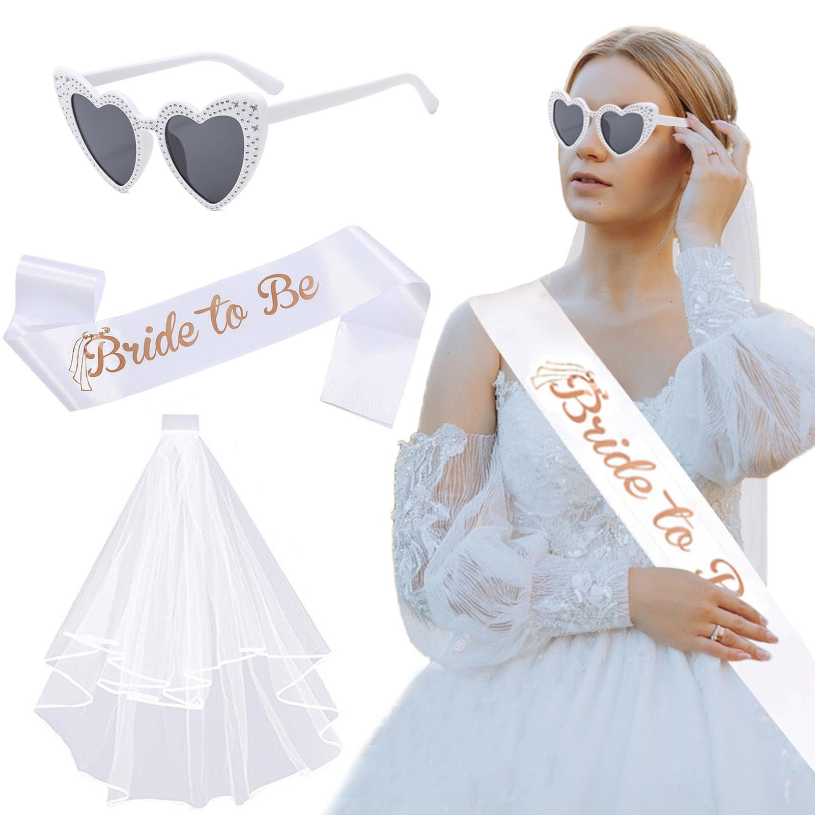 HIYMDOIT Bride To Be Decoration Kit Heart Shaped Sunglasses Bride To Be Sash and Veil Party Set Bride Bachelorette Accessories Set for Bridal Shower